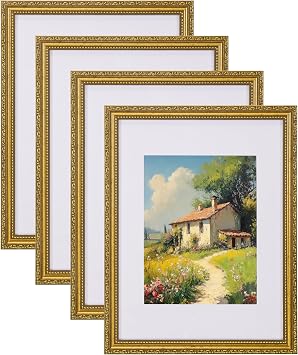 eletecpro 12x16 Vintage Picture Frame, Glass Cover, Gold, 4-Pack | Display Photo 8.5x11 with Mat or 12x16 without, Horizontal or Vertical, Wall Mount