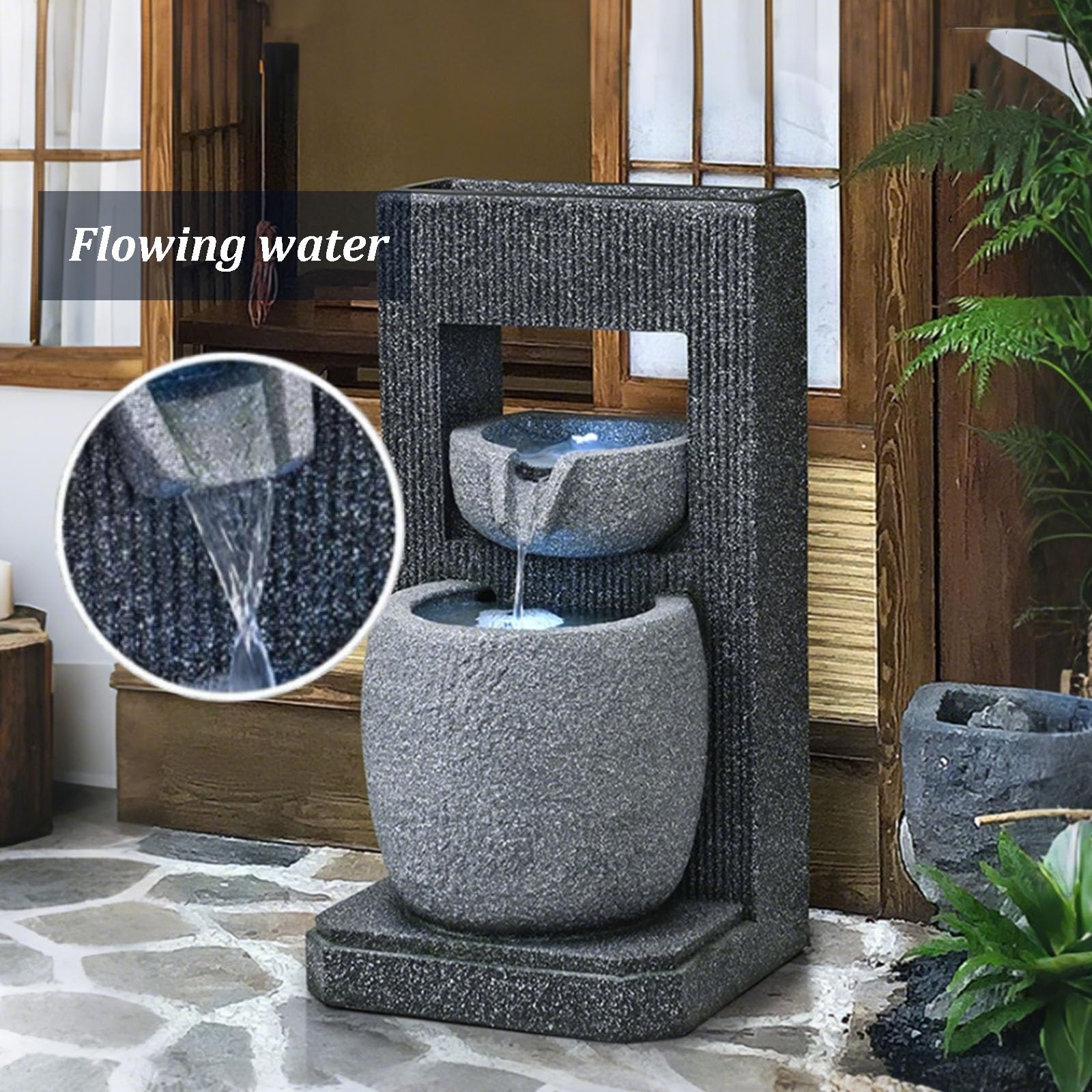 Zewnętrzna fontanna wodospadowa z oświetleniem LED, wolnostojąca żywica Zen Water Feature do ogrodu, na patio, podwórko