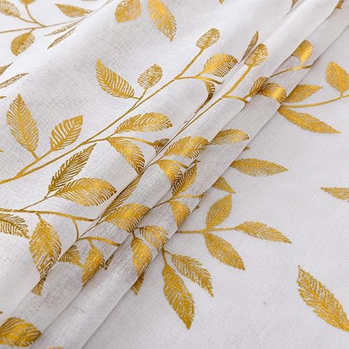 Miniatura 6 de Sutuo Home White Sheer Curtains 96 Inches Long 2 Panels Set,Gold Foil Print Metallic Bronzing Leaves, Privacy Window Treatment Decor Drape Pair for