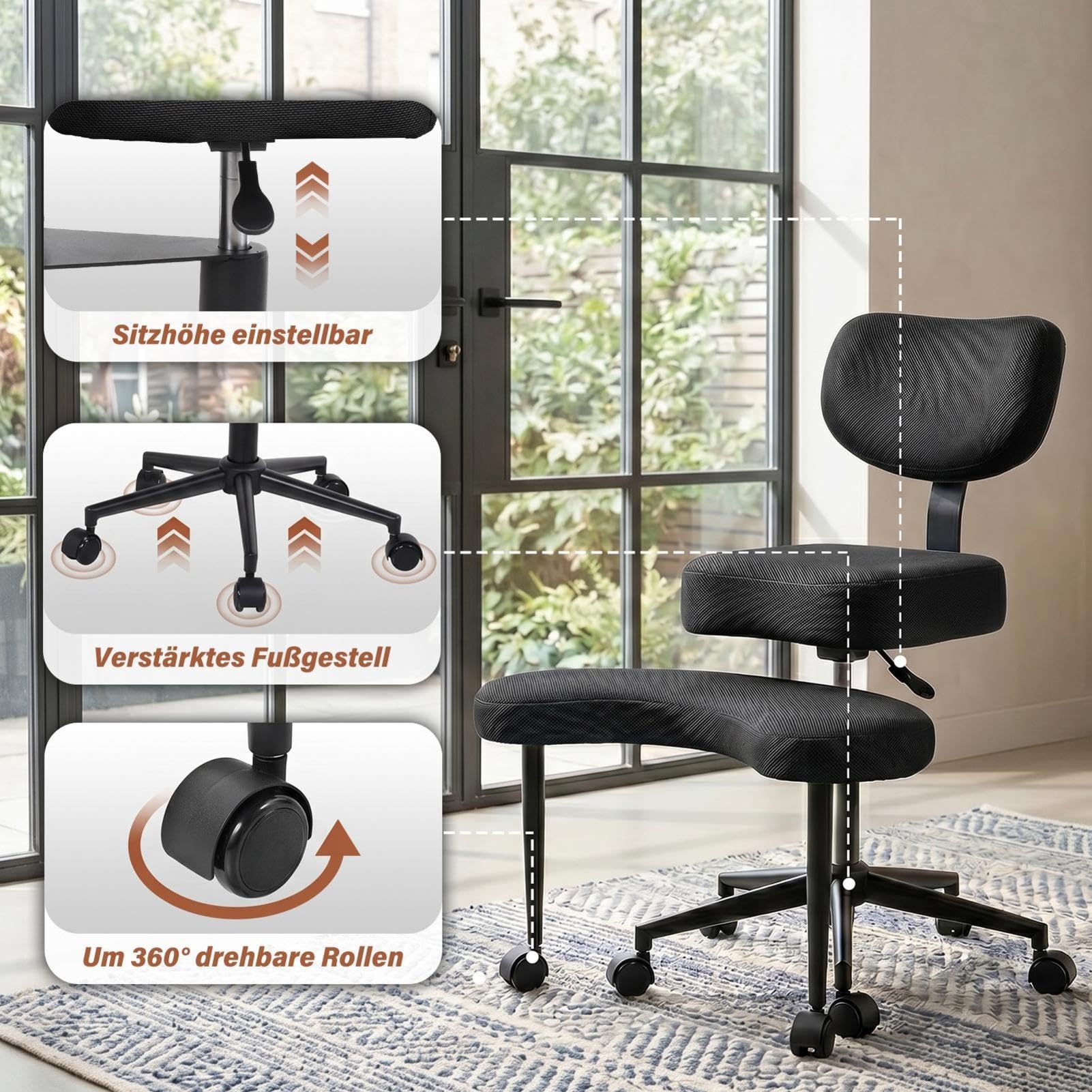 Meditationsstuhl, Crosses Legged Chair with Wheels, Yogastuhl ADHD Stuhl Mit Lendenwirbelstütze Und Verstellbarem Neigungswinkel, 47–59cm Einstellbare Höhe for Home and Offices