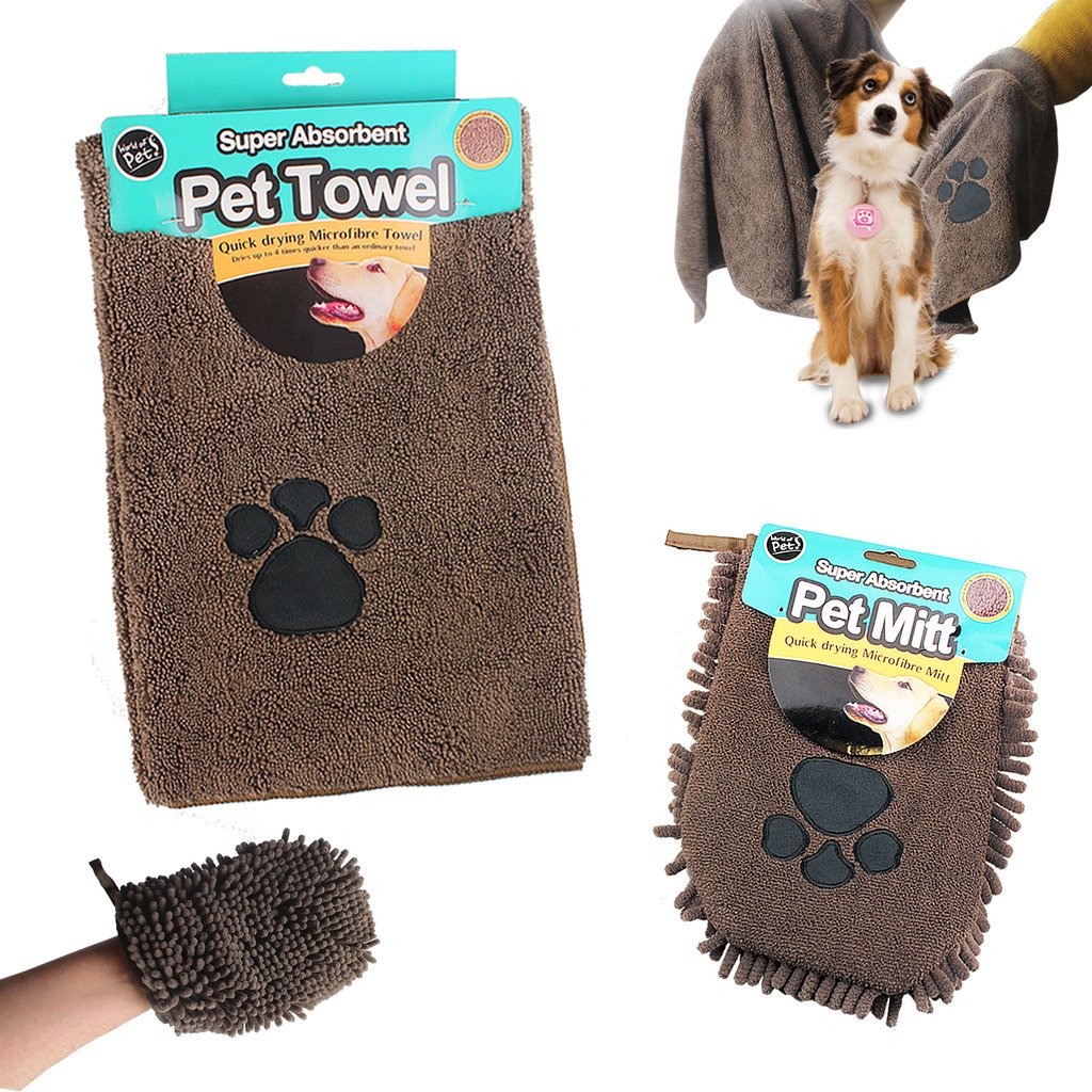 Guaranteed4Less Pet Wash Towel Dog Microfibre Quick Dry Puppy Drying Mitt Absorbent Cat Cleaning (DARK BROWN PET TOWEL & PET MITT)
