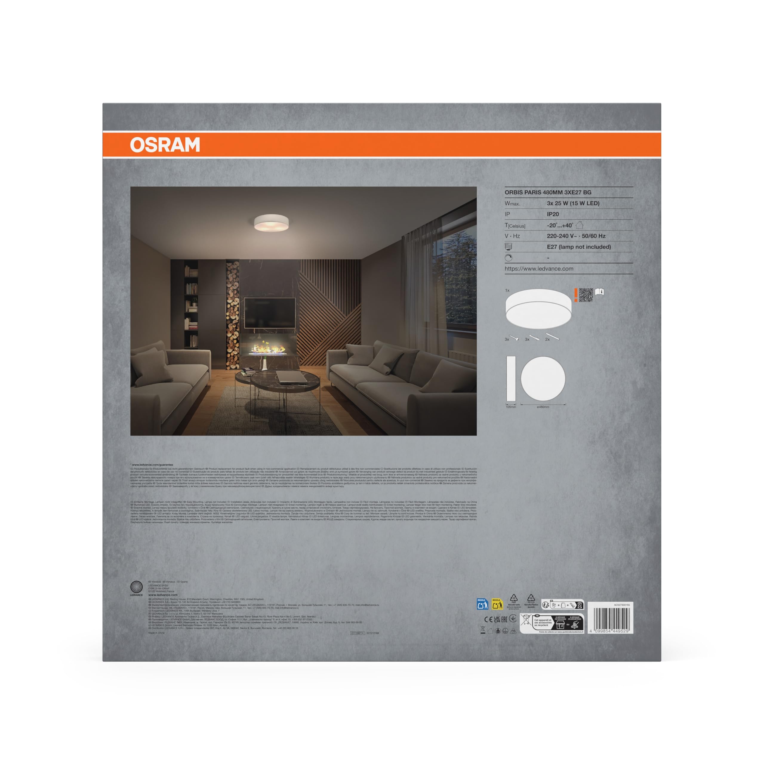 OSRAM Plafón ORBIS PARIS 480mm, beige, casquillo 3xE27, puede equiparse con lámpara smart, diseño moderno, apto para interior, redondo, IP20