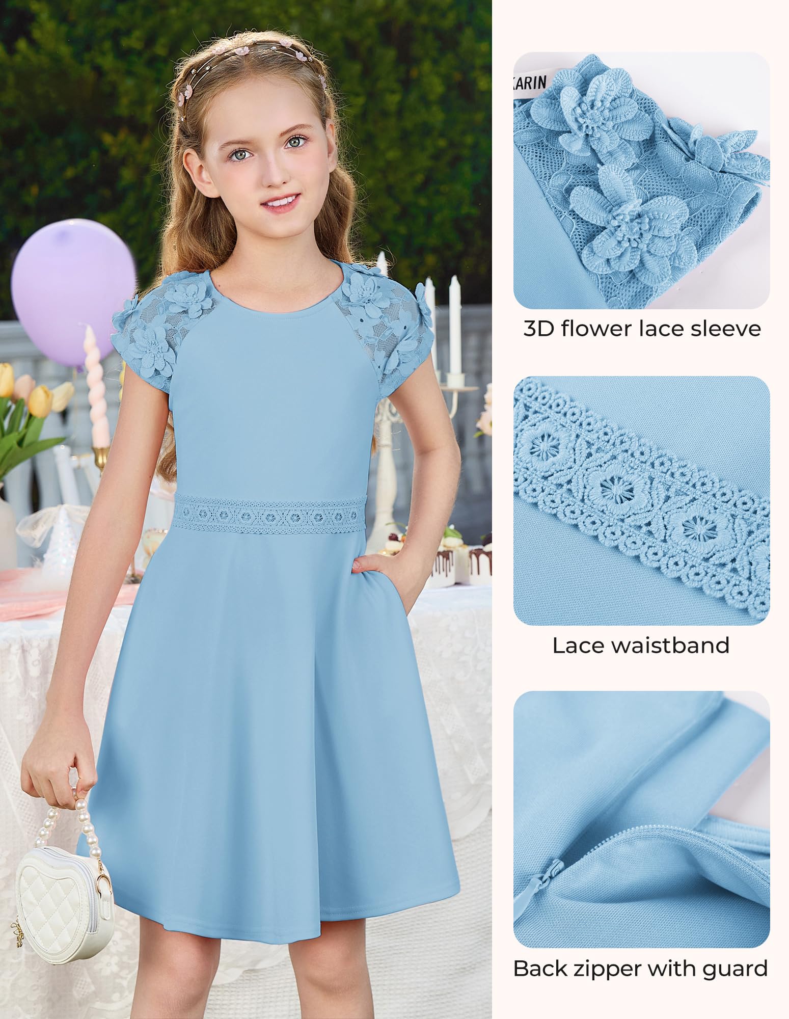 GRACE KARIN Mädchen Midikleid Sommer Einfarbig Rundhals Festliches Kleid Mit Blumen