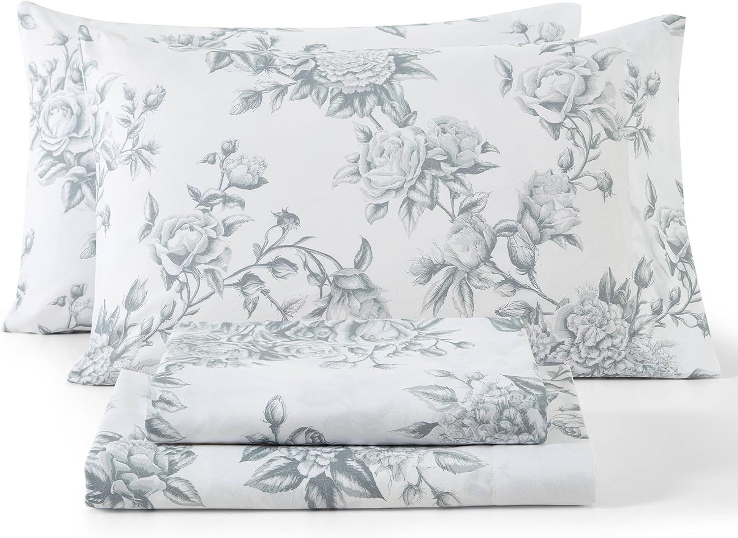 HLC.ME Rose Toile Floral Bed Sheets - 3 Piece Bed Sheet Set - Wrinkle Resistant & Ultra Soft - Fits Mattresses up to 15 Inches Deep (Twin, Grey)