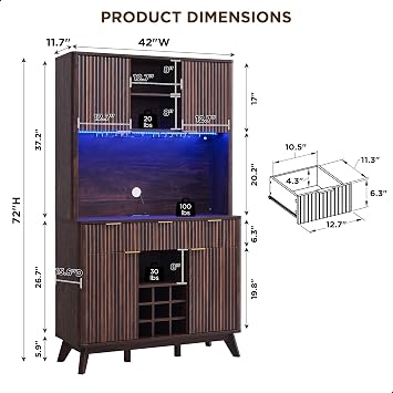 OKD 72 Tall Fluted Wine Cabinet, Modern Coffee Bar Cabinet, Dark Walnut | Charging Station, Led Lights, 4 Stemware Racks, 9 Wine Racks, 3 Drawers, 4 Cabinets, 2 Open Shelf, Home Bar Storage