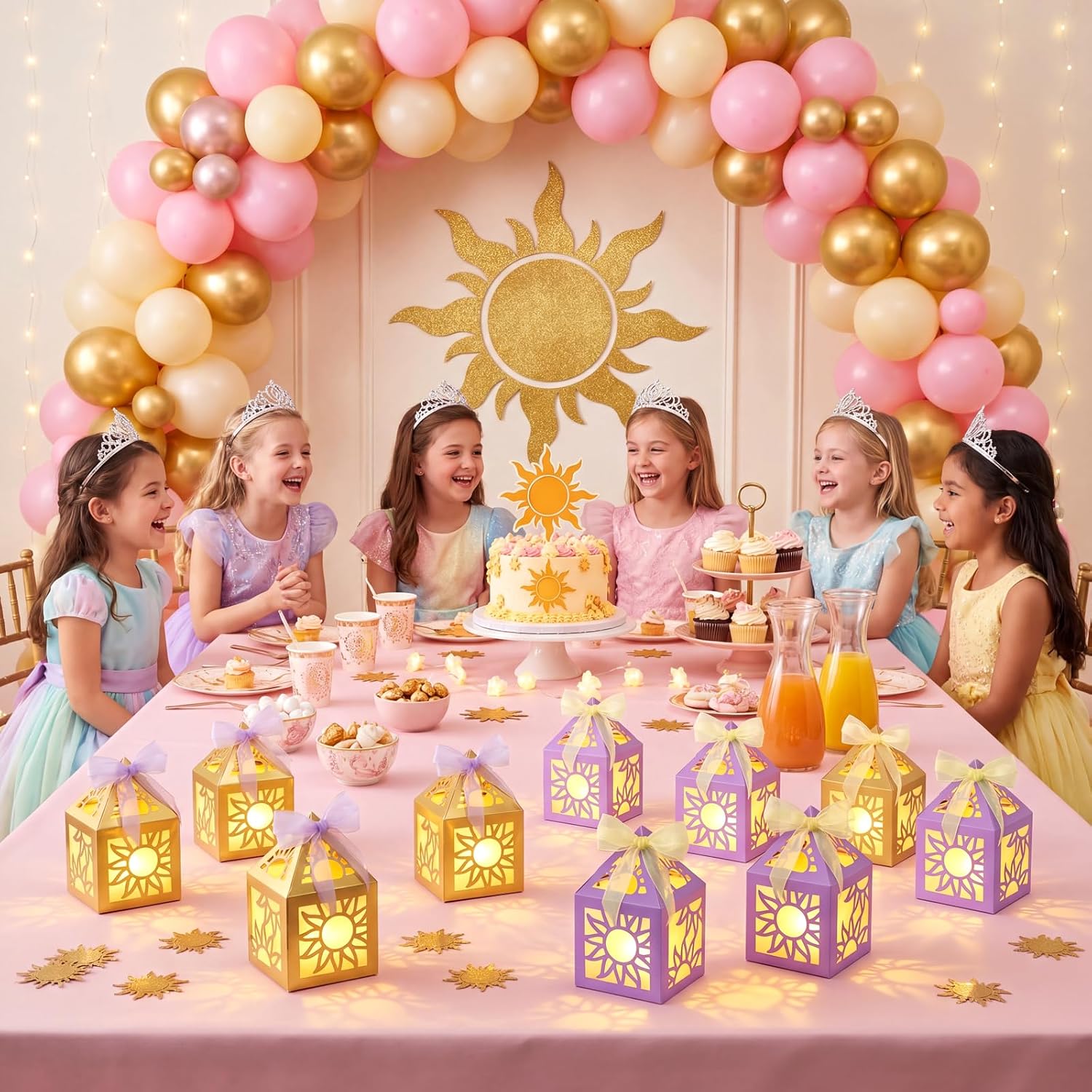 15PCS Princess Party Decorations Gold Purple Sun Lanterns Centerpieces with LED Lights Ribbon for Girls Fairy Birthday Table Decor (Batteries Not Included)