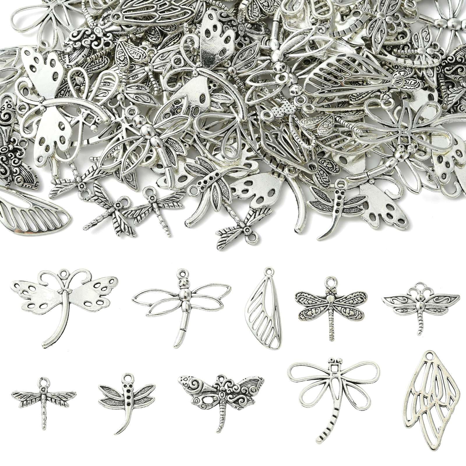 UR URLIFEHALL 100 Pcs 10 Styles Antique Silver Dragonfly Charms Tibetan Flying Insect Animal Charms for Jewellery Making DIY Crafts Bracelets