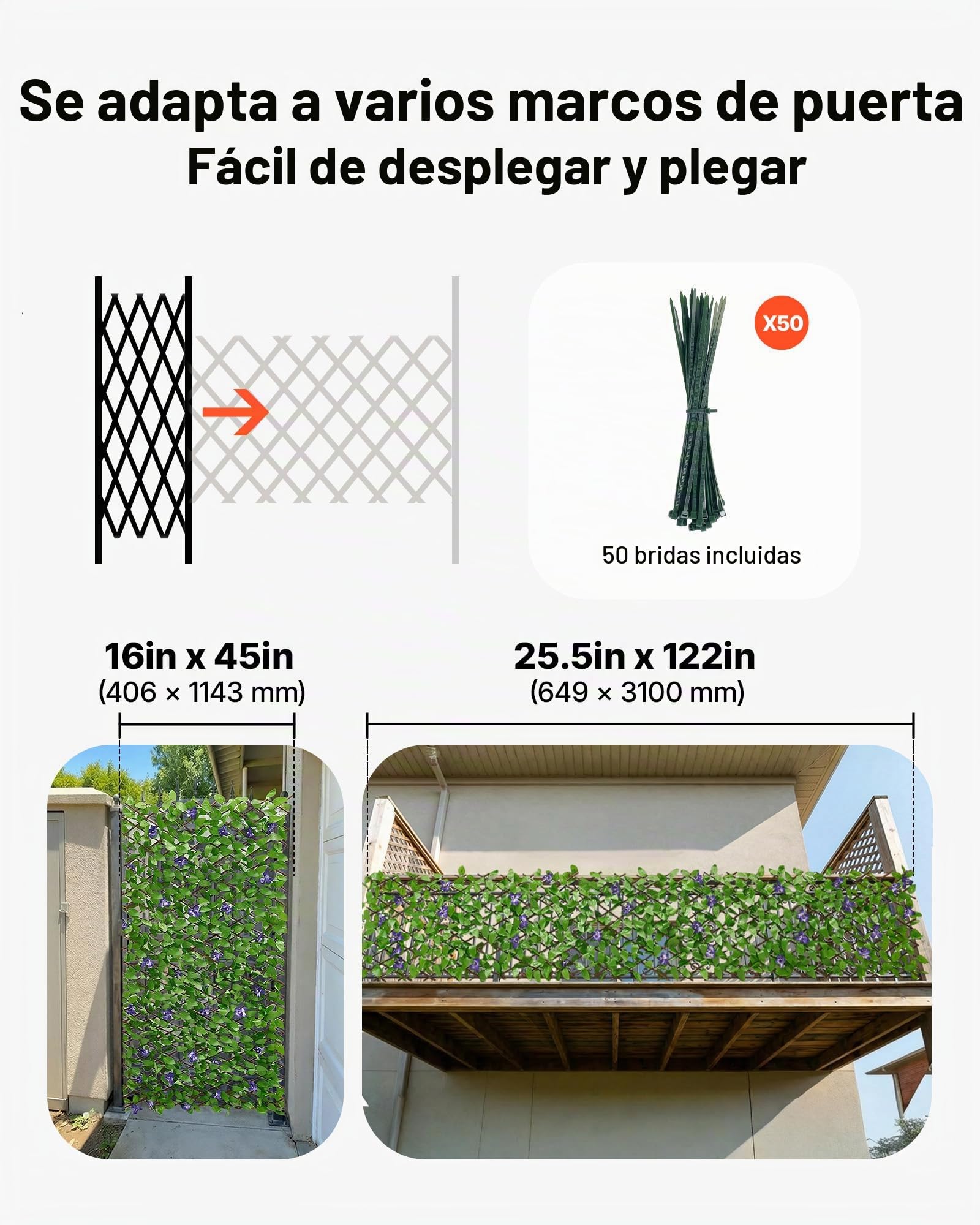 VEVOR Seto Artificial 64,9 x 310 cm, Valla Decorativa de Hiedra Artificial, 2 Unidades, con 50 Bridas, Hojas Verdes y Flores Moradas, Pantalla de Privacidad para Jardín Balcón Ático Terraza Piscina