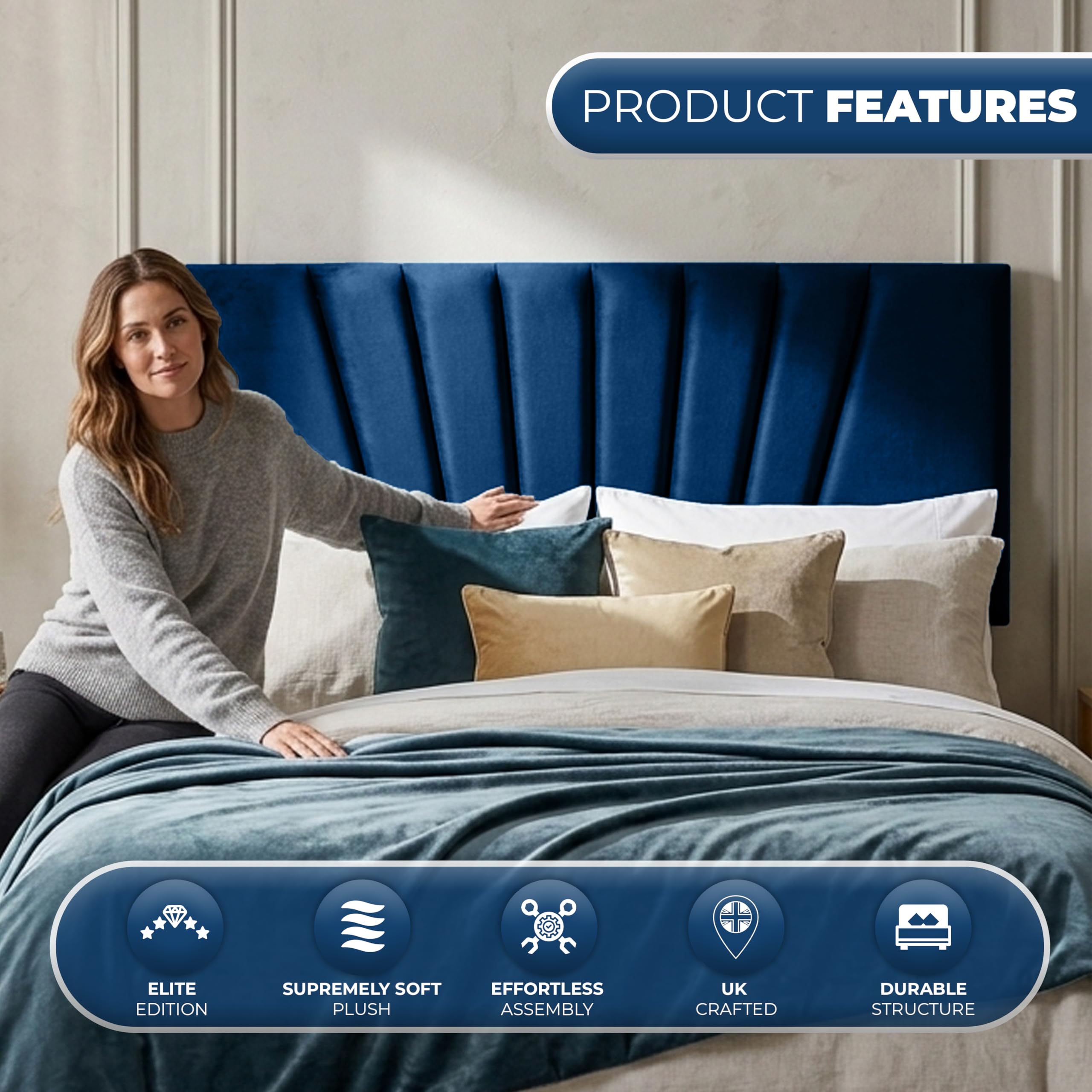 BEDELUNA Headboards for Bed, 24” Sunrise Plush Fabric Headboard, Elegant Divan Bed Thick Padding Bed Headboards - Image 2