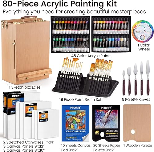 Miniatura 2 de MERRIY Juego de pintura acrílica de 80 piezas, kit de suministros de pintura para artistas con caballete de caja de bocetos de mesa, pinturas