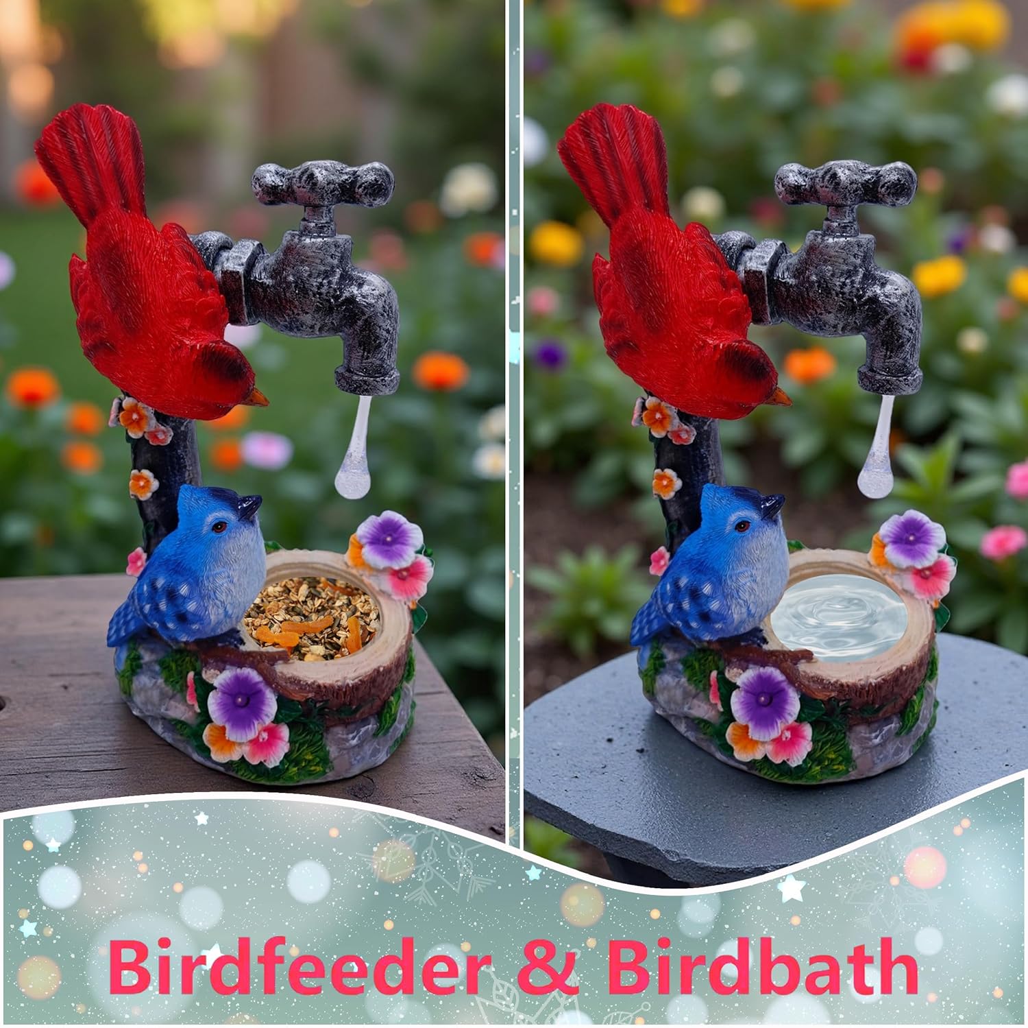 Solar Cardinal Birds Statue with Bird Feeder, 12″ Resin Garden Decor Color Changing Fountain Figurine Light Outdoor Waterproof, Bird Ornaments for Yard Patio Porch, Home Decor Easter Mom Gifts