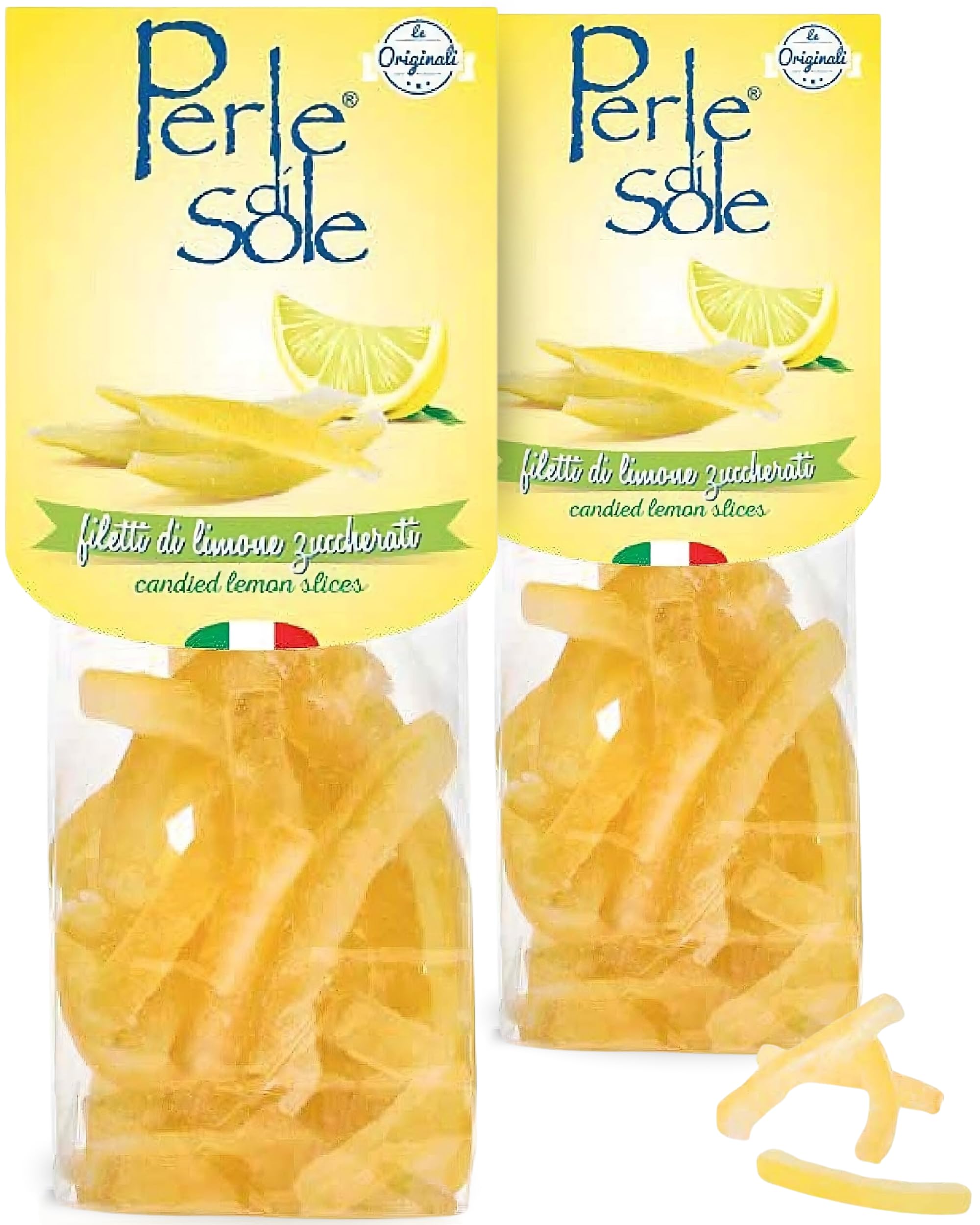 Perle di Sole Candied Lemon Peels Sugar Coated - Italian Candied Lemon Peel for Baking and Snacking - Made in Italy - Pack of 2 (3.5 oz | 100 g)
