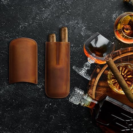 Handmade Genuine Leather Cigar Case - Customizable, 2-Finger Design, Adjustable Elegance for Cigar Connoisseurs, Black