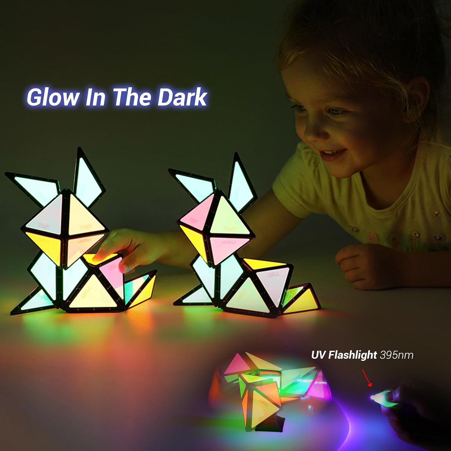 TOSY Magnet Pyramid Glow - 1 Cube Transforms into 1 Billion Shapes (Bunny, Egg Basket, Flowers, Heart), Easter Birthday Gift, 12 pcs, 243 Magnets, Glowing, Holographic Design, Puzzle/STEM Toy - Image 7