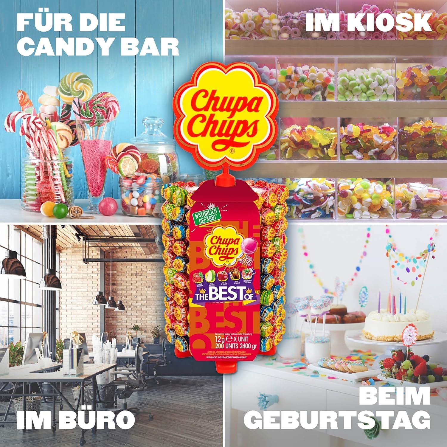 Chupa Chups Lutscher-Rad, Lollipop-Ständer mit 200 Lollis, Aufsteller mit 5 leckeren Geschmacksrichtungen, geeignet für Kiosk, Büro und Geburtstag, 200 x 12g