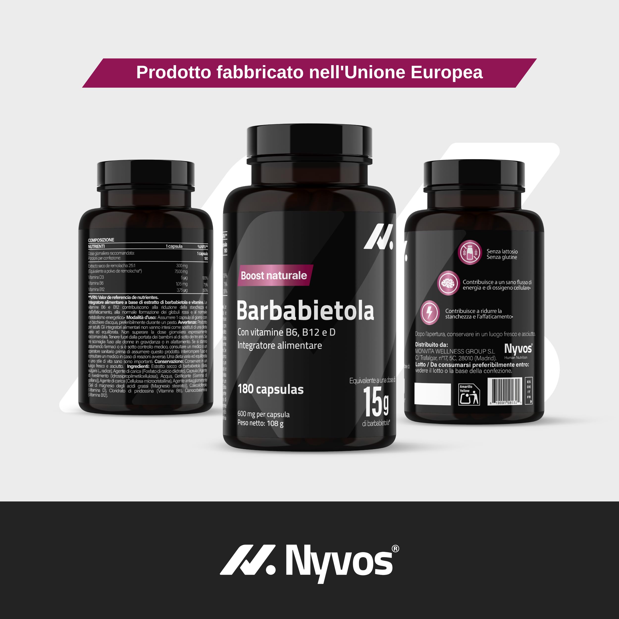 Barbabietola 25:1 – Equivalente a 15.000 mg – Supporto all’Ossido Nitrico – Nitrati Naturali per l’Uso dell’Ossigeno – con Vitamine B6, B12 e D – Energia senza Caffeina – 180 Capsule Vegane