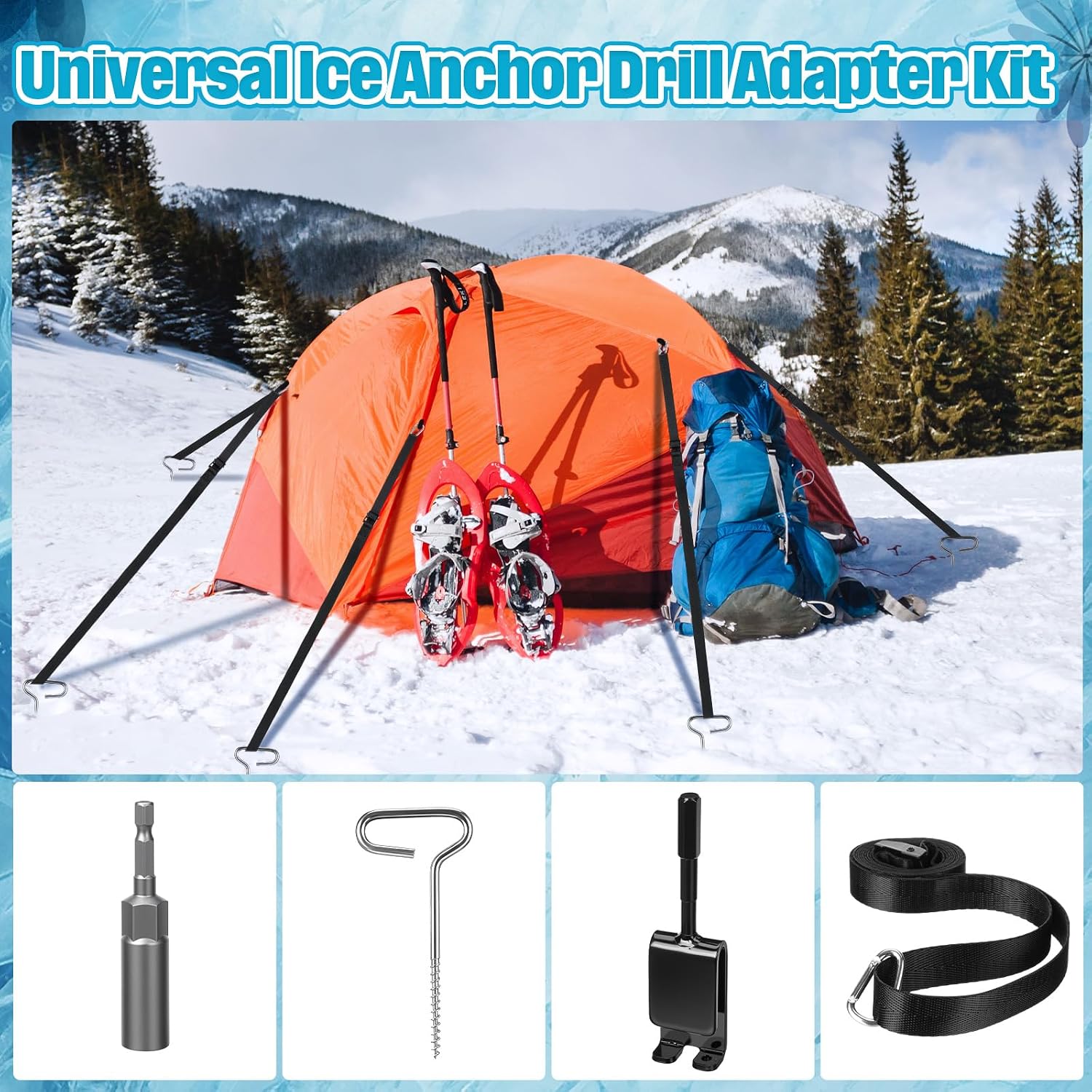 28 Pcs Ice Anchor Drill Adapter Kit 2 Universal Ice Fishing Anchor Tool 2 Drill Adapter 8 Shelter Stake Nails 8 Nylon Straps for Tent Setting up