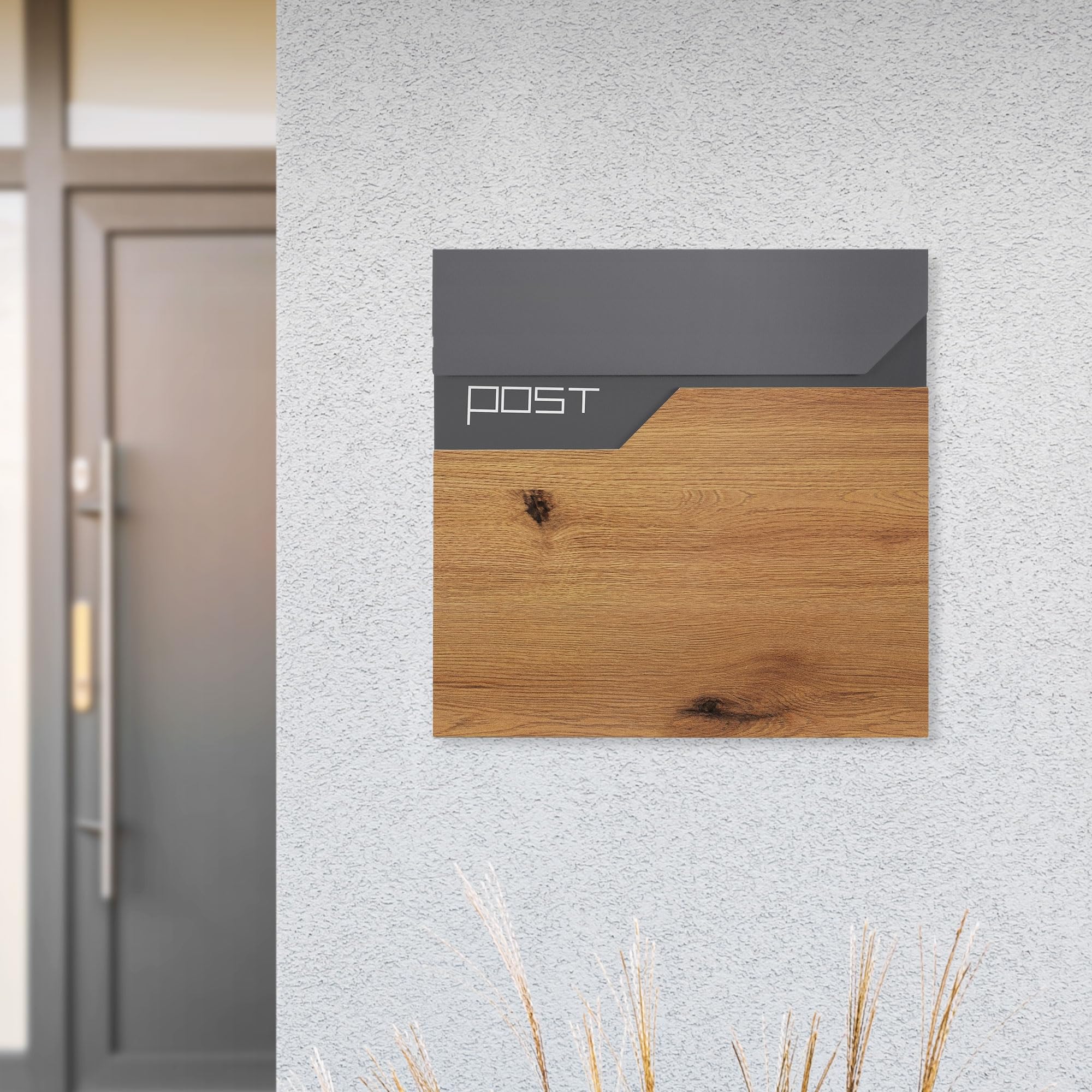 ML-Design Cassetta Postale per Lettere in Acciaio Verniciato a Polvere Antracite Aspetto di Legno 37x37x11 cm con Scomparto per Giornali Riviste Serratura 2 Chiavi incl. Materiale per Montaggio a Muro