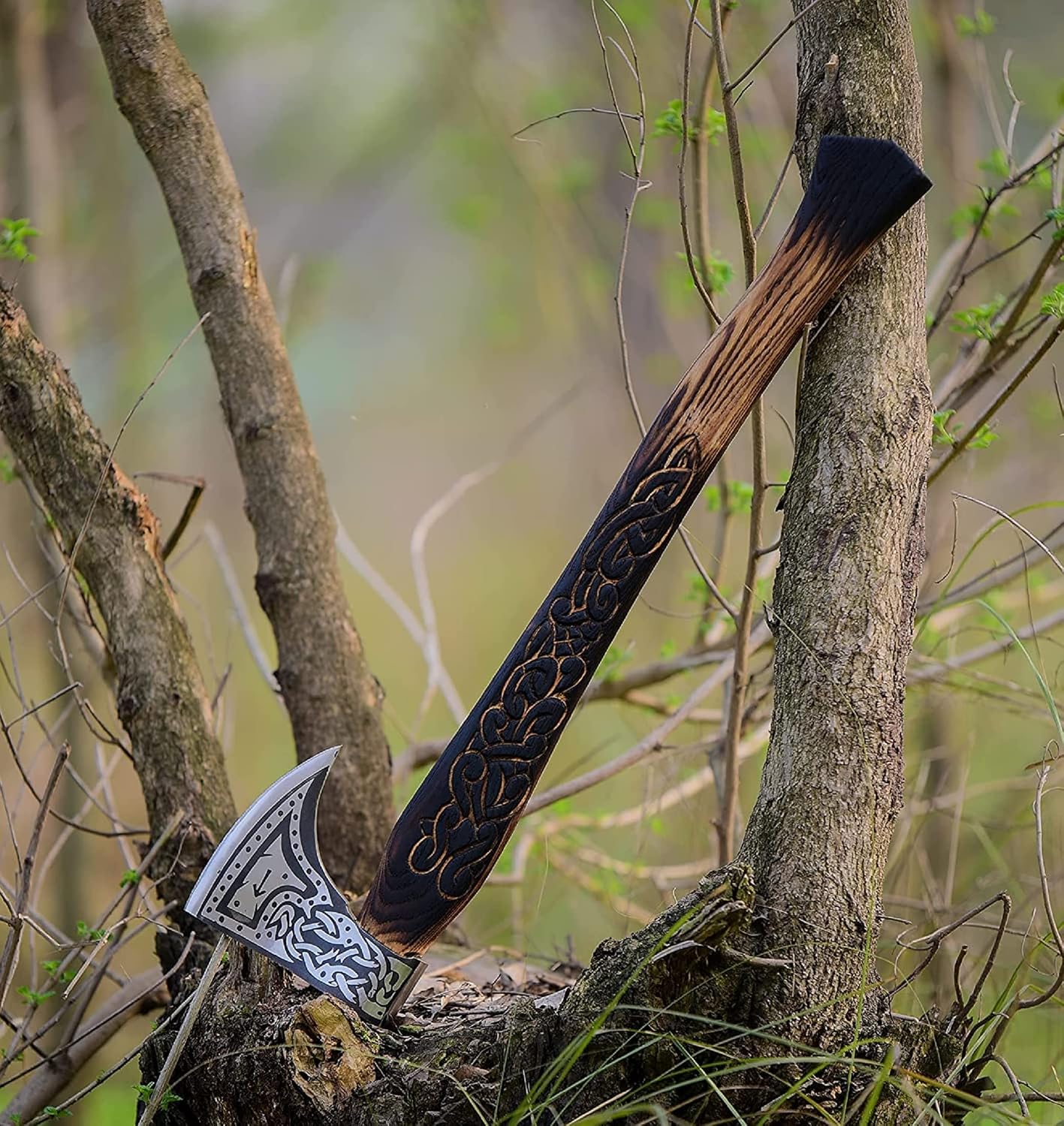 AXE012AM FS Crafts 24.00" Custom Handmade Viking Norse Axe Tiwaz Carbon Steel Hunting Axe Hand Forged Viking Axe Hatchet with Leather Sheath Ragnar Engraved Handle Outdoors Fishing Camping Knife
