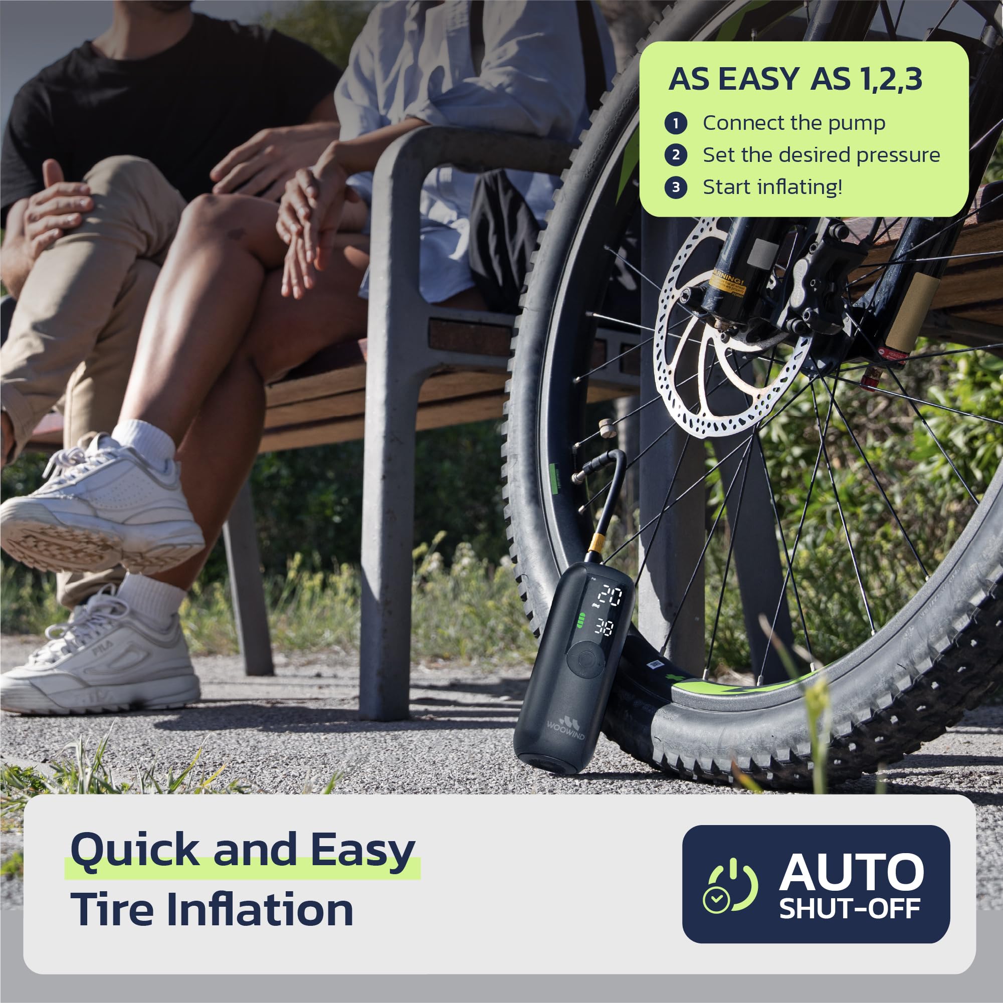 Woowind Compresor Aire Portatil 150PSI/10,3Bar, Bomba Bicicleta, Inflador Ruedas Coche, Hinchador Ruedas Coche, Apagado Automático + Woowind Tire Sealant Pro Sellador de Neumático Paquete