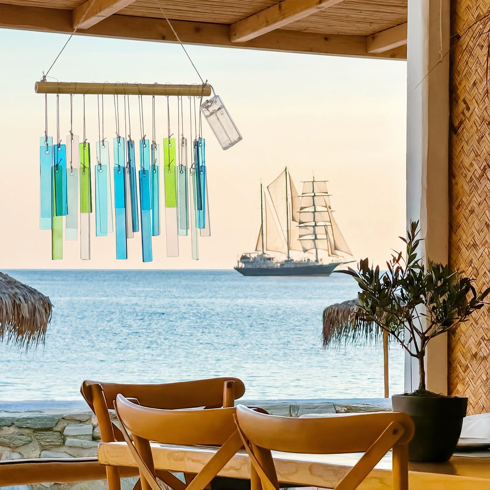 Junkin Carillon en bois flotté bleu avec lumières de 42 cm pour l'extérieur fabriqué à la main - Décoration côtière pour la plage, les vacances, l'été, les femmes