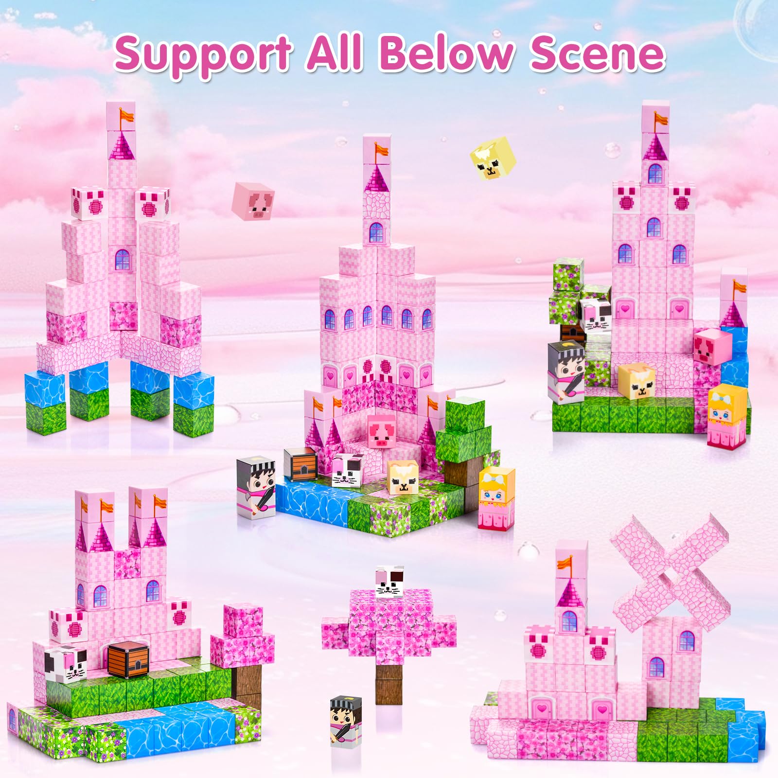 Bloques Magneticos Construcción Niños 100 Piezas Bloques Magneticos Castillo Rosa Juego Magnetic Blocks Juguetes Sensorial Stem Montessori Regalos para 3+ Años