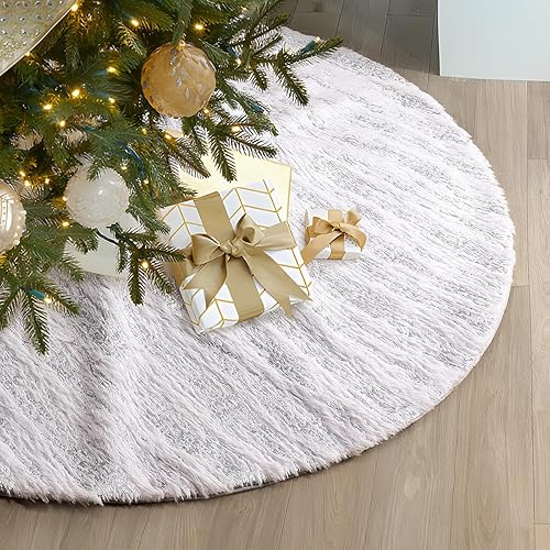 Falda de árbol de Navidad, 48 pulgadas, piel sintética blanca con rayas plateadas de estampado en caliente, para decoración de Navidad, decoración
