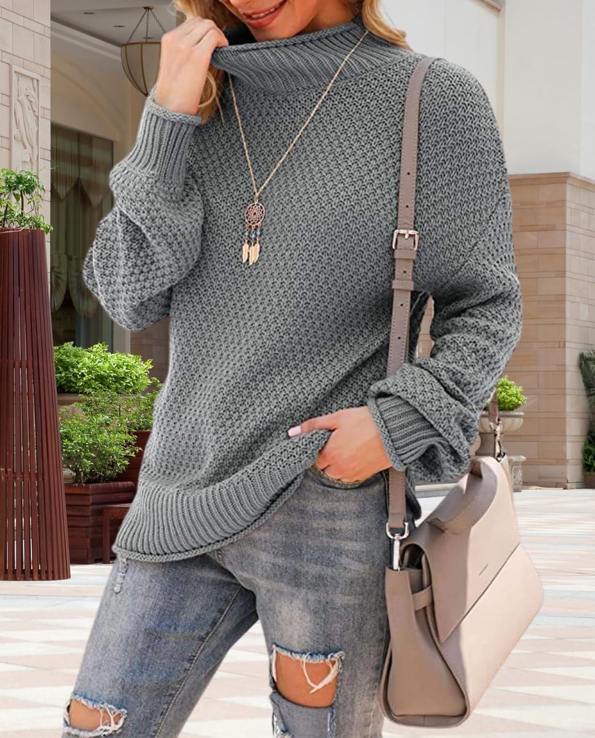 Women's Oversized Turtleneck Pullover Batwing Sleeve Casual Sweater Long Sleeve Warm Top for Vacation Wear - Image 5