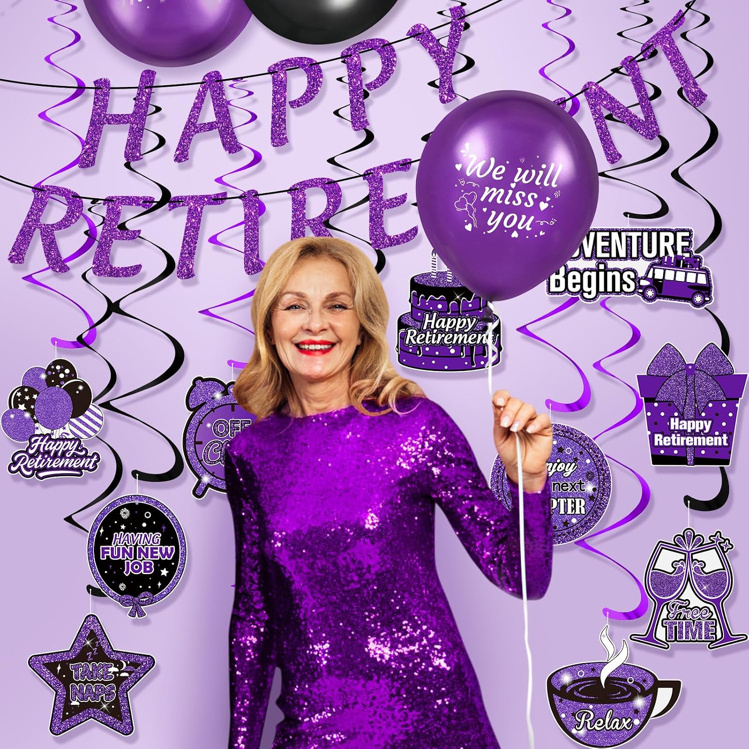 Purple Retirement Party Decorations - Happy Banner, 12 Pcs Black Hanging Swirls for Women Men Office Farewell Photo Booth Props Party Supplies