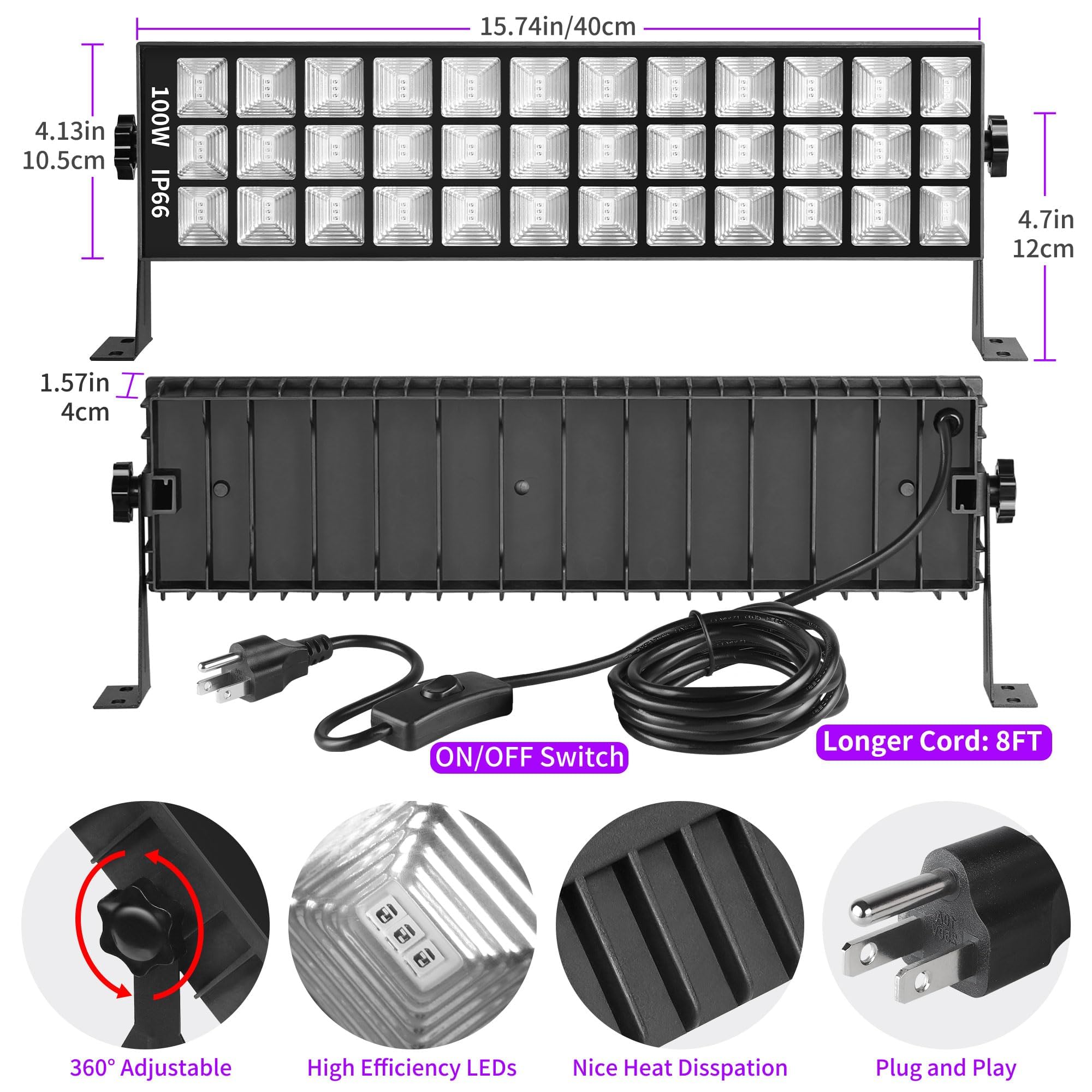THECHAM 100 W LED-Schwarzlichtleiste, 104 LEDs, Schwarzlicht-Flutlichtleiste, 385–400 nm, leuchtet im Dunkeln, Partyzubehör für Hochzeit, Geburtstag, Schlafzimmer, Bühnenbeleuchtung, fluoreszierende