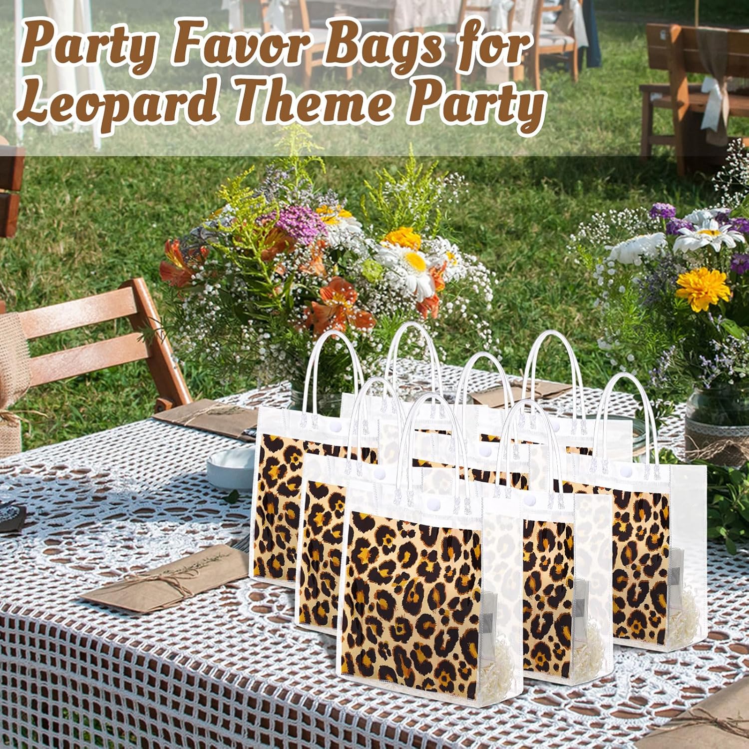 Resholder 24 Pcs Cheetah Clear Gift Bags Leopard Print PVC Treat Snack Bag with Handles Jungle Safari Party Favors for Wild Life Animal Birthday Baby Shower Decorations Supplies, 8 x 8 x 3.15 Inch - Image 5