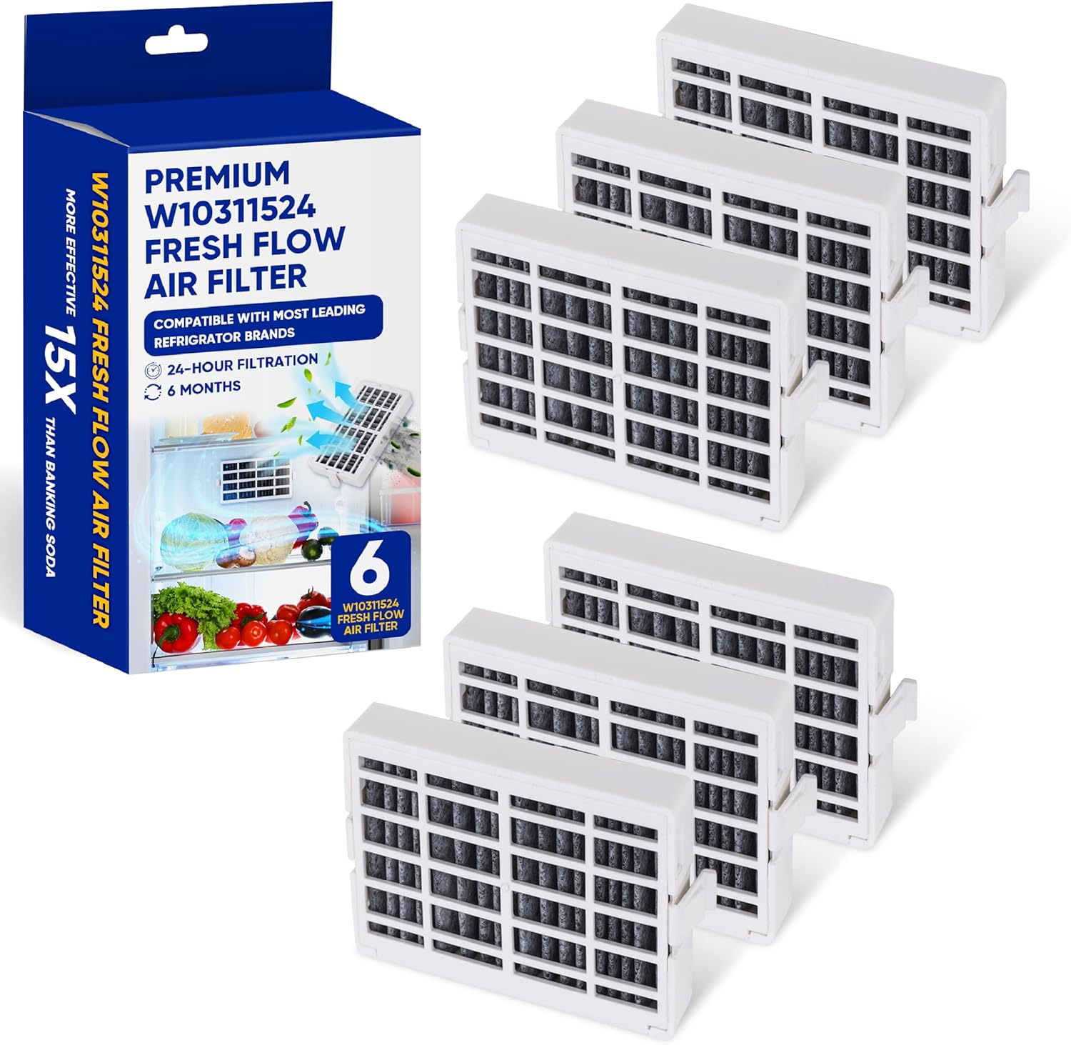 6 Pack W10311524 Refrigerator Air Filter Cartridge by Canamax - For Whirlpool AIR1 Kenmore KitchenAid Maytag JennAir Fresh Flow - Replaces W10315189 W10335147 2319308 1876318 AP4538127 AH2580853