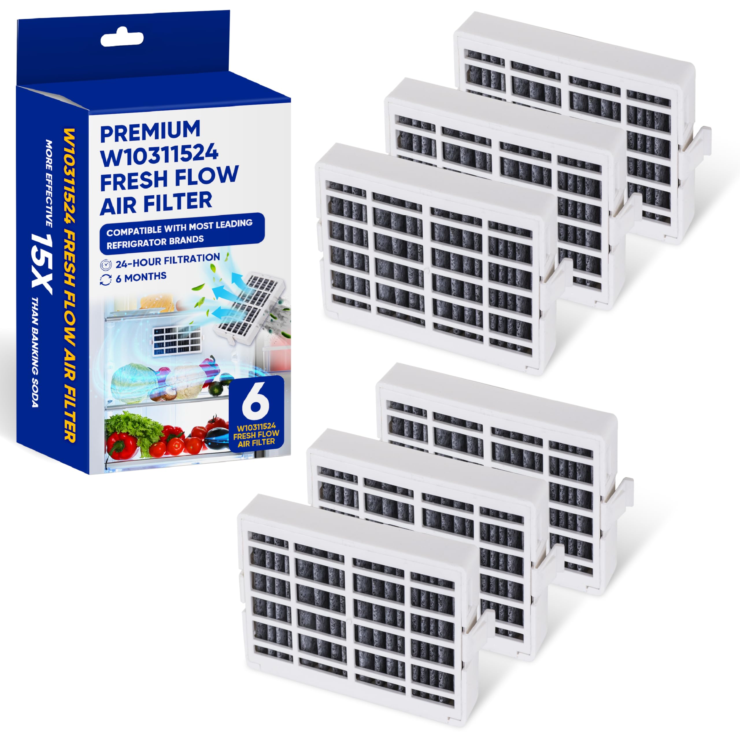 6 Pack W10311524 Refrigerator Air Filter Cartridge by Canamax - For Whirlpool AIR1 Kenmore KitchenAid Maytag JennAir Fresh Flow - Replaces W10315189 W10335147 2319308 1876318 AP4538127 AH2580853