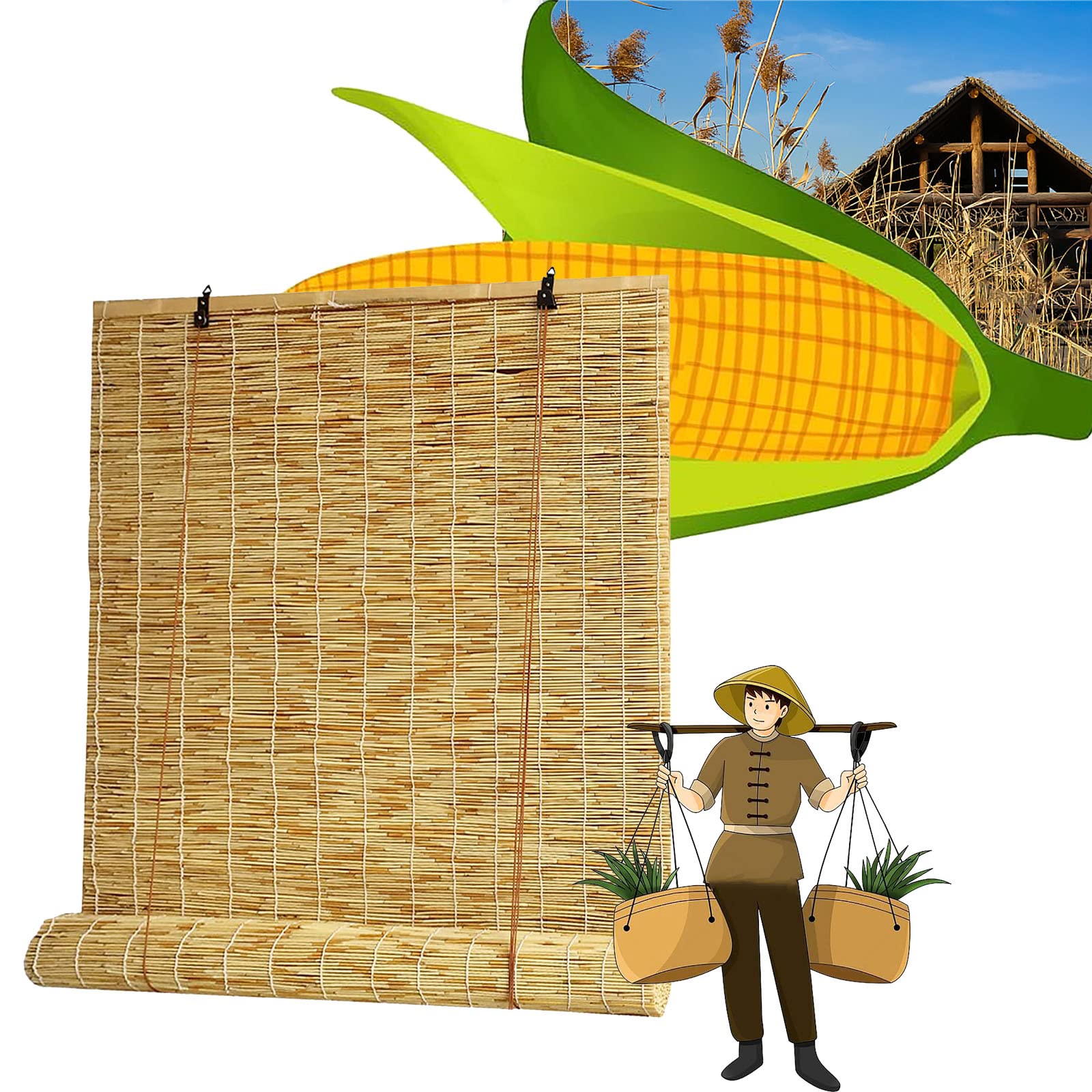 Bamboo Blinds for Outdoor Patio Bamboo Roll Up Shades Bamboo Shades for Patio, Outdoor Blinds for Porch Bamboo Roll Up Blinds Patio Shades Roll Up Outdoor 65×43in（W×H） White