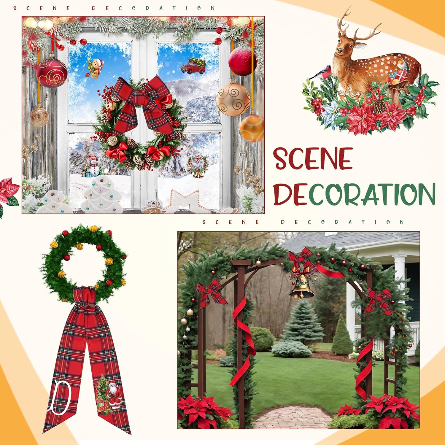 Dingion 2 Pcs Wreath Sash for Front Door Embroidery Monogram with 6 Sheet Iron on Stickers Xmas Wreath Sash Set for Christmas Wreath Accessories Yard Doorway Indoor Wall Decor(Red and Green Plaid)