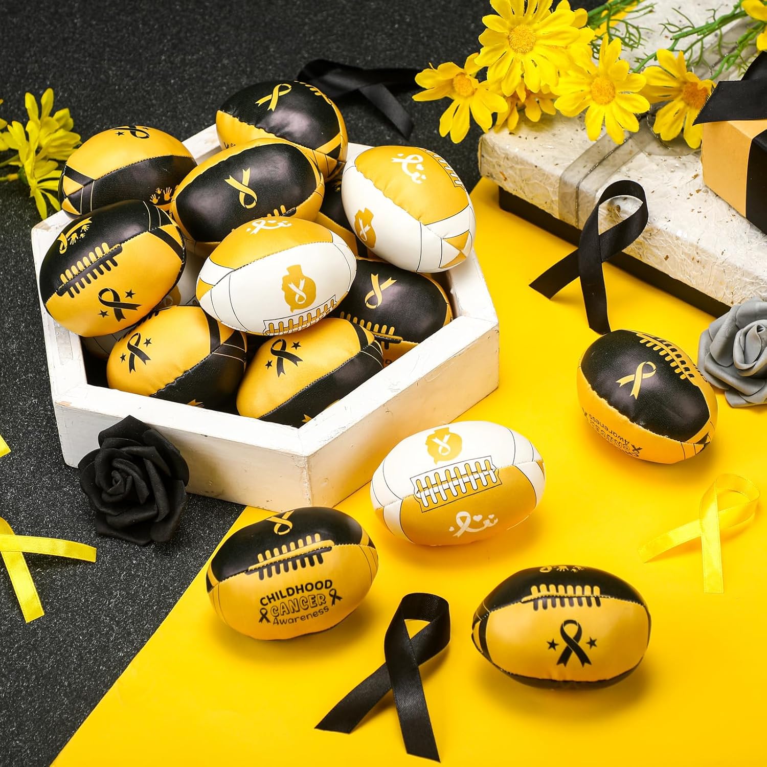 24 Pcs Mini Childhood Cancer Awareness Footballs Gold Ribbon Awareness Stress Balls Childhood Cancer Gift for Men Women Public Charity Activities Supplies