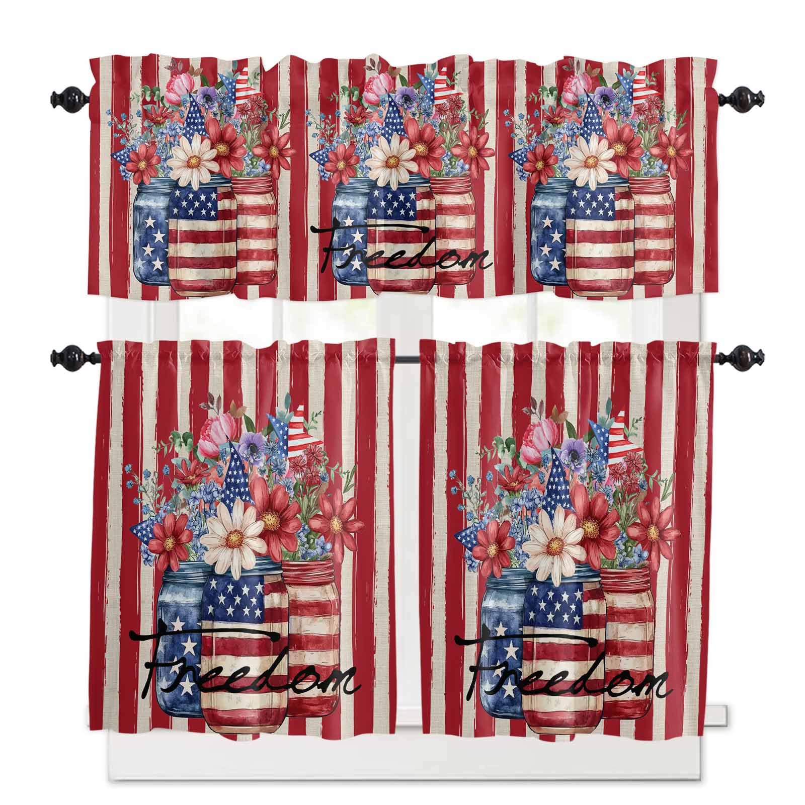 American Flag Kitchen Curtains 24 Inch Length, 3 Piece Rod Pocket Small Half Tiers and Valance Set, Red Stripe Blue Star Patriotic Floral Small Large Window Treatment Decor for Bedroom/Bathroom Sink