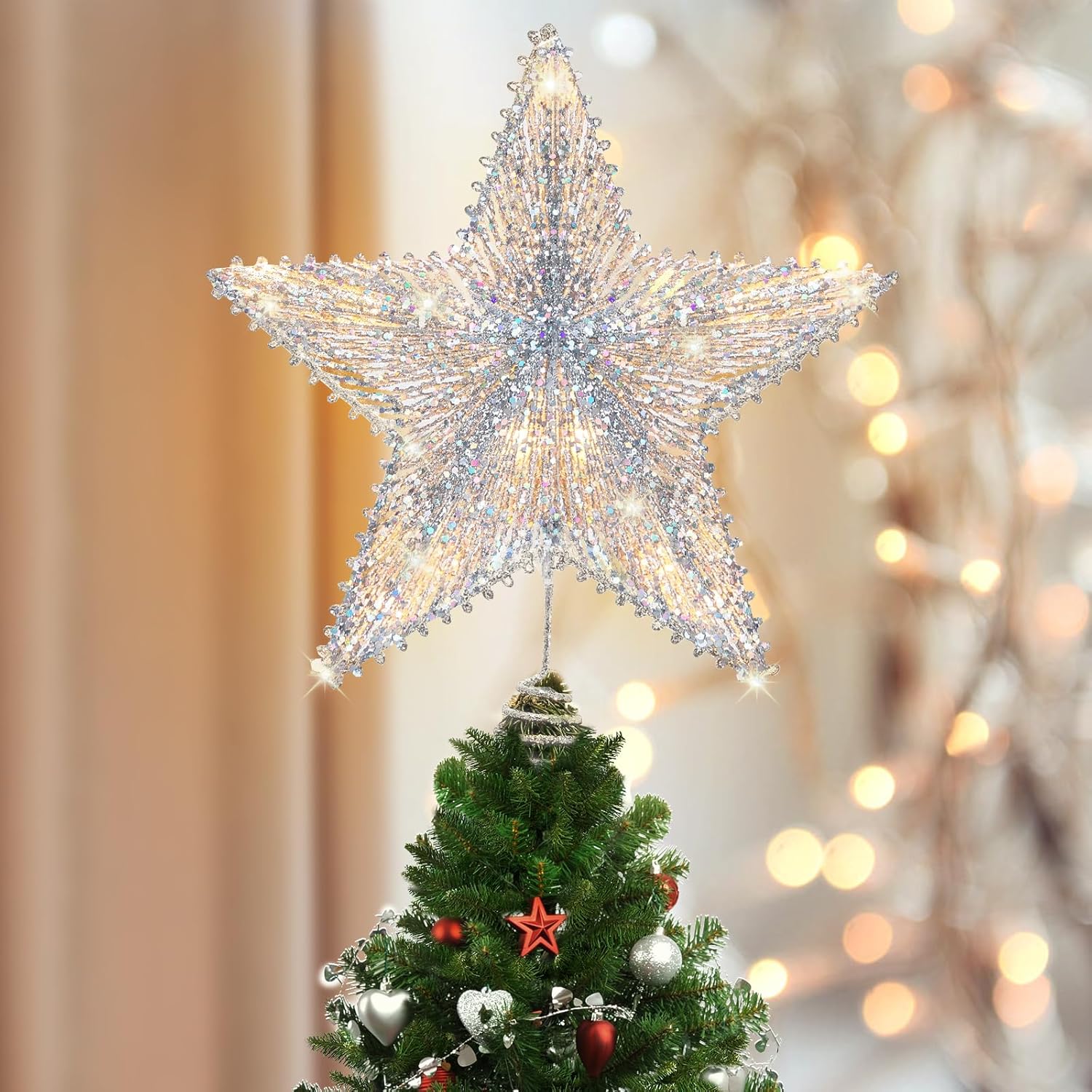 Luxspire Christmas Tree Star Topper, LED Glitter Metal 3D Christmas Decorations Lights, Remote & USB Operated Star Treetop for Home Party, 6H Timer & 8 Lighting Modes, Silver