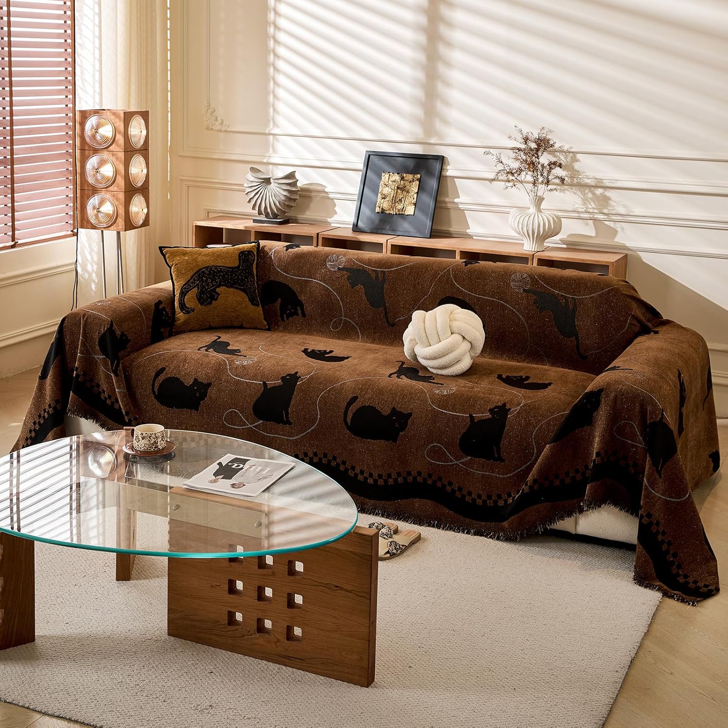 Cute Animal Cat Theme Couch Cover, Soft Non Slip Chenille Sofa Cover for 2 Cushion Couch Sofa, Retro Boho Geometric Border Design Sofa Cover for Modular Sofa, Washable Slipcover, Chestnut Brown