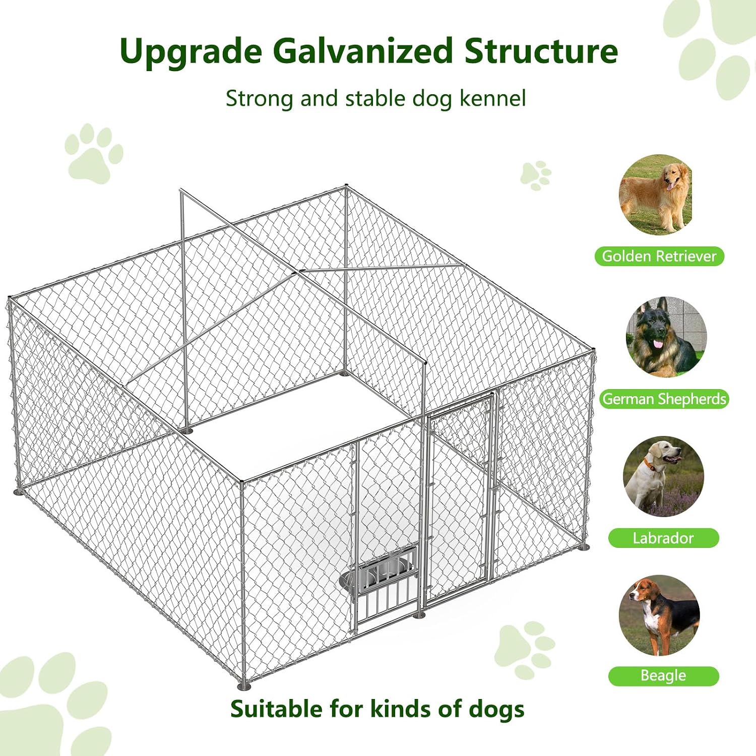 Lyromix Dog Kennel Outdoor with Roof and Openable Feeding Doors, Large Dog House Pen Enclosure Heavy Duty Chain Link Dog Kennel with Bowl Holder and Bowls, 10× 10 × 7FT