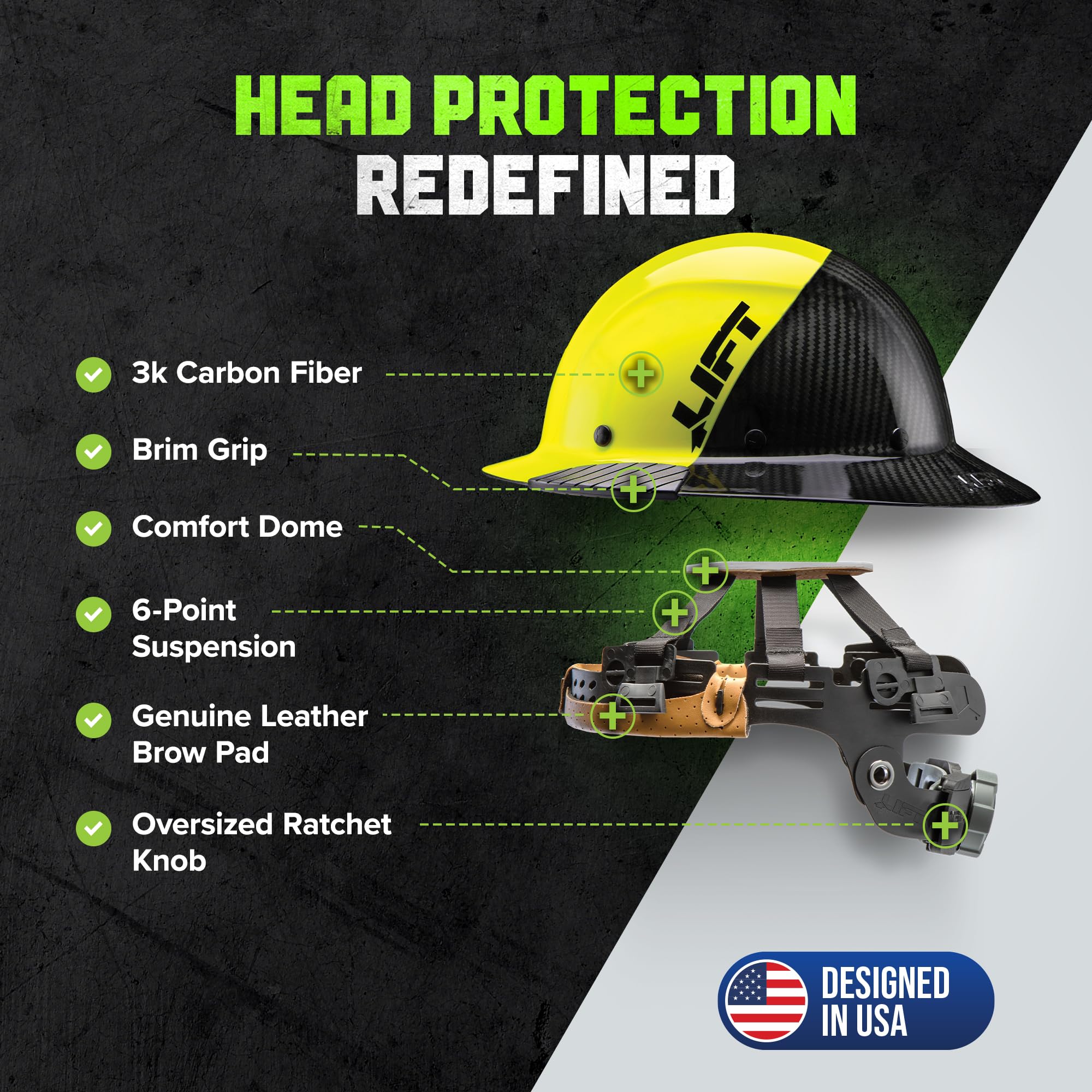 LIFT Safety DAX Fifty Carbon Fiber Full Brim Hardhat (Yellow) With Replacement Suspension Bundle – Medium, 6-Point, ANSI Z89.1-2014