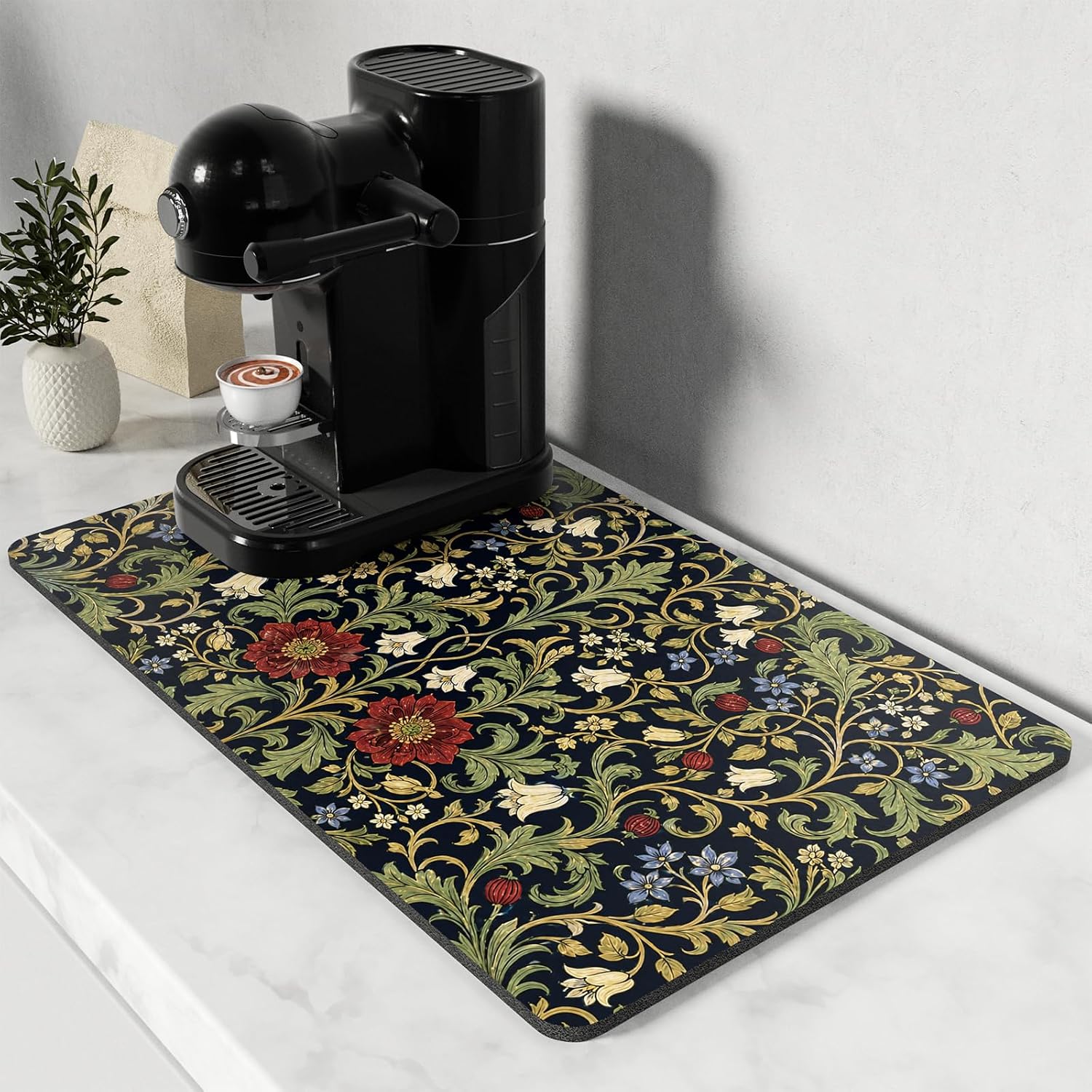 Rnivvi Coffee Mat, 12" x 19" Coffee Bar Mats for Espresso Machine Station Accessories and Organizer, Hide Stain Rubber Backed Absorbent Dish Drying Pad for Kitchen Counter, Vintage Garden Floral
