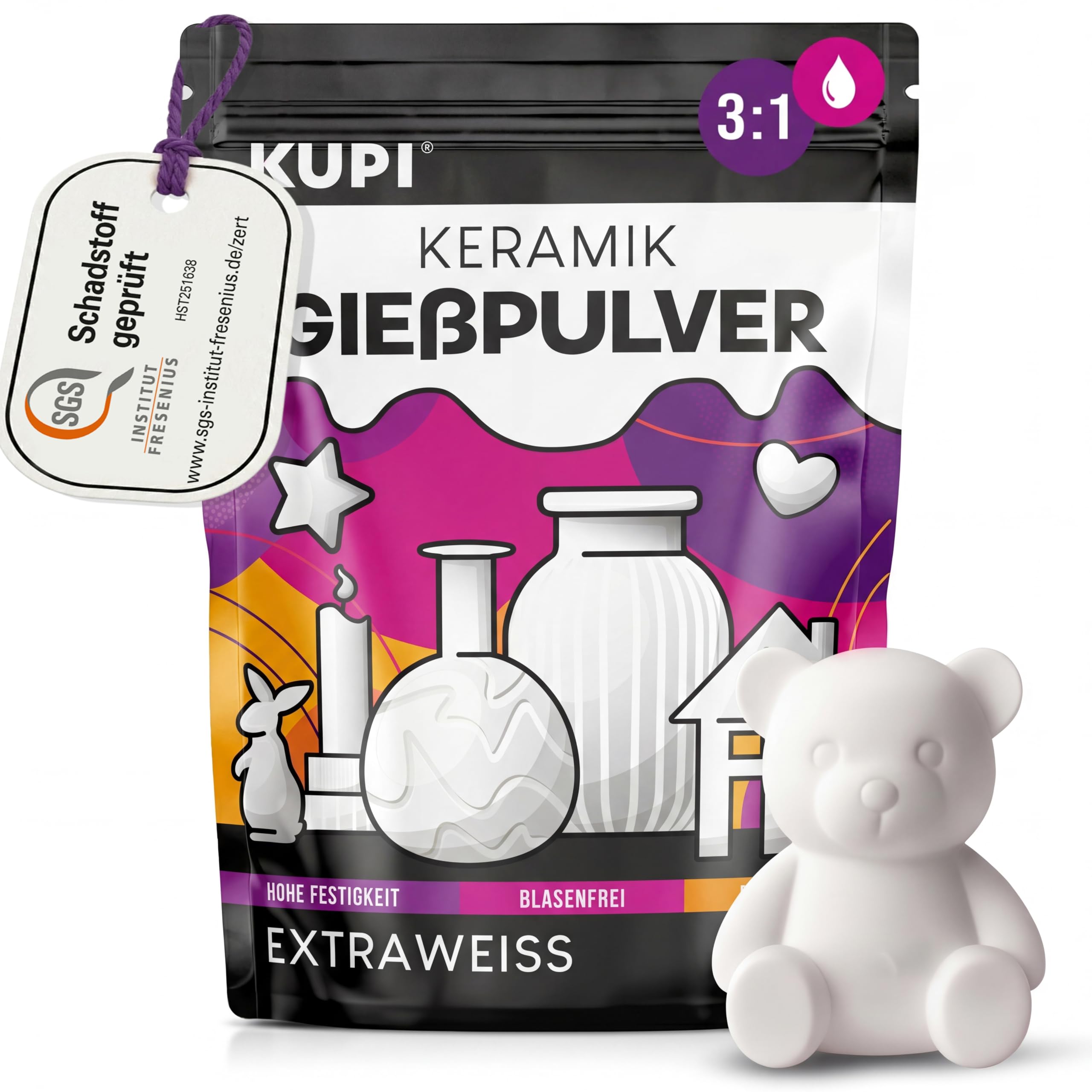 KUPI Keramik Gießpulver Weiß 10kg | Gips zum Gießen Lufthärtend & Geruchlos | Gießmasse für Silikonformen | Reliefgießpulver Weiß Keramikpulver Gipspulver 3/1 mix