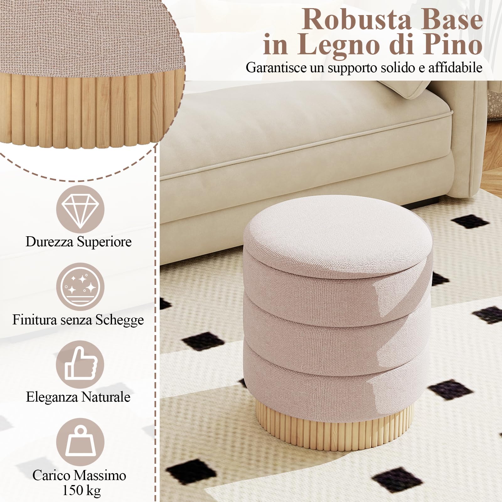 RELAX4LIFE Pouf Moderno Rotondo in Chenille, Pouf Contenitore con Coperchio Rimovibile e Base in Legno di Pino, Seduta Confortevole, Poggiapiedi, Tavolino Ideale per Soggiorno, Camera, 37x33CM