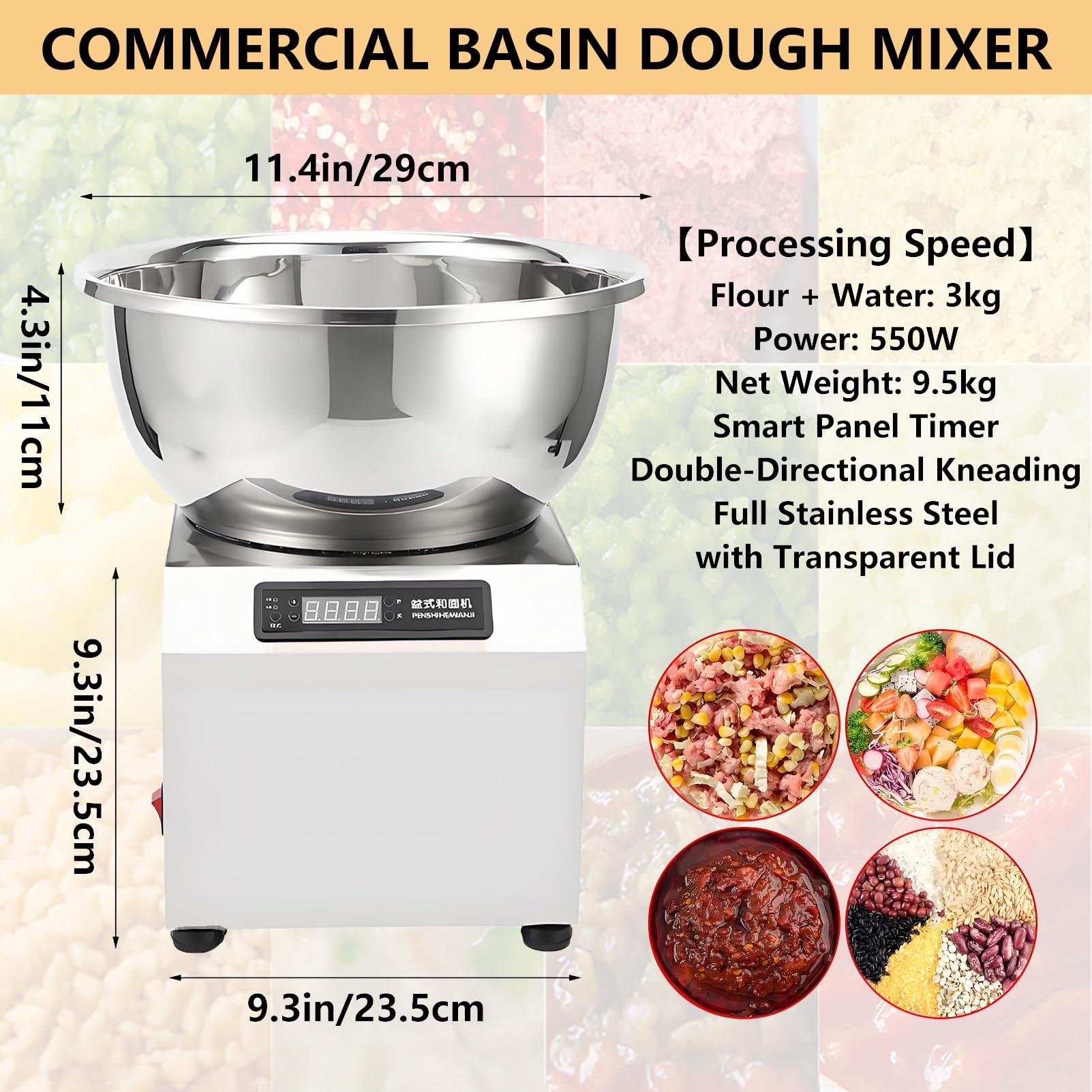 Impastatrice Professionale Doppia Rotazione 1400 Giri/Min Impastatrice a Spirale per Pizza e Pane in Acciaio Inox con Coperchio a Vista Vasca Rimovibile per Panetteria e Pizzeria 3kg