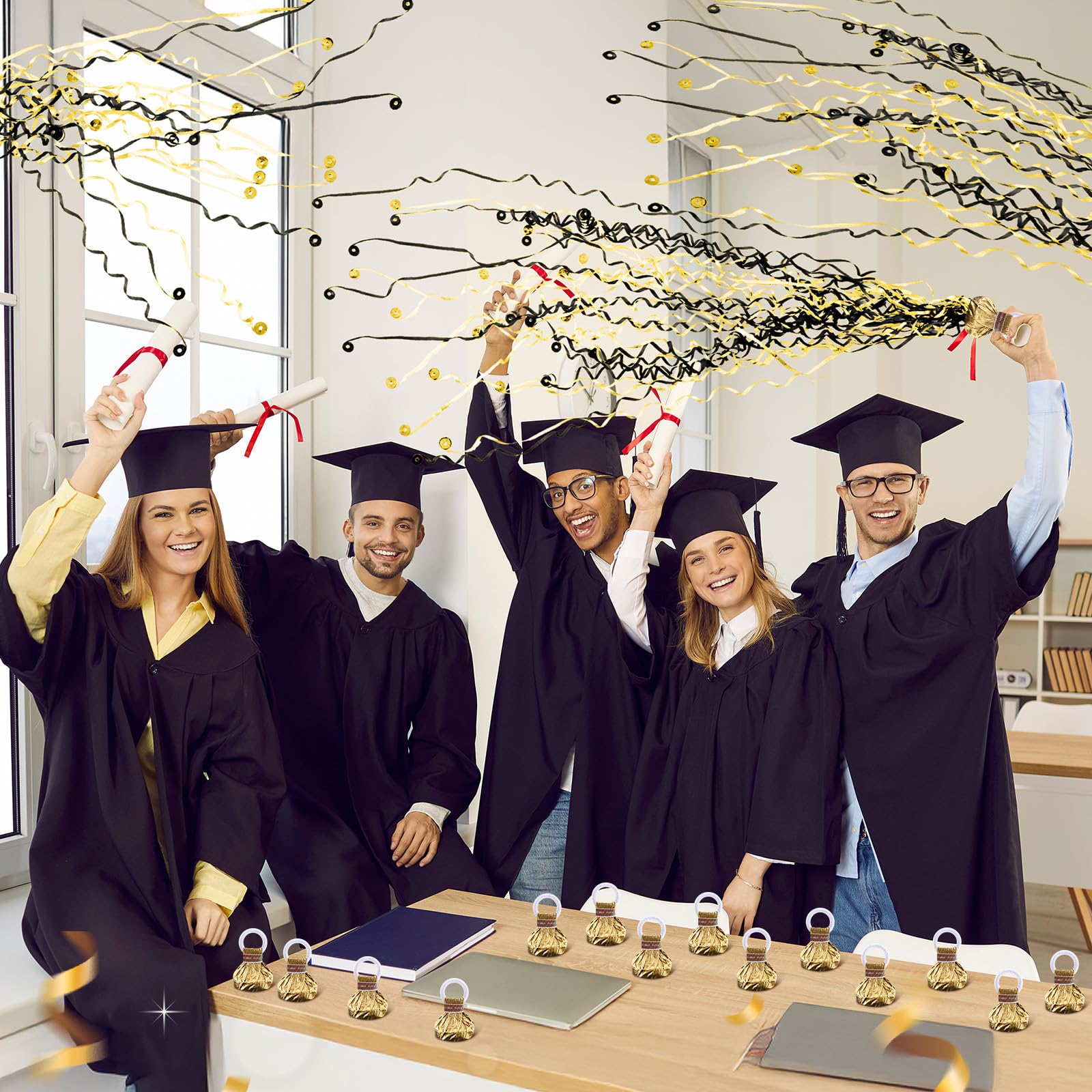 WinnerWhy 100 Stück goldfarbene Handwurf-Luftschlangen, Popper, kein Durcheinander, Papierknallbonbons, Konfetti, Schwarz-Gold, Luftschlangen für Feiern, Abschlussfeiern, Geburtstage, Hochzeiten,