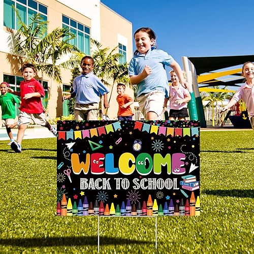 Miniatura 7 de Decoraciones de regreso a clases, letreros de patio al aire libre con estacas de metal, libros de banderines de crayón de bienvenida a la escuela,