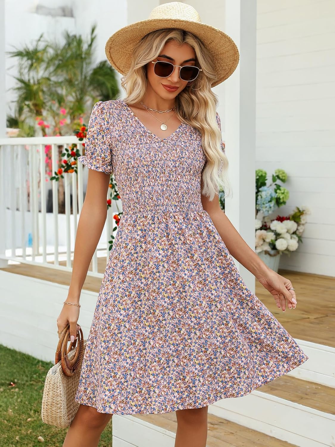 EeYu Women's Summer Dress Casual Short Sleeves V-Neck Flowy Smocked Knee Length Dresses with Pockets - Image 4