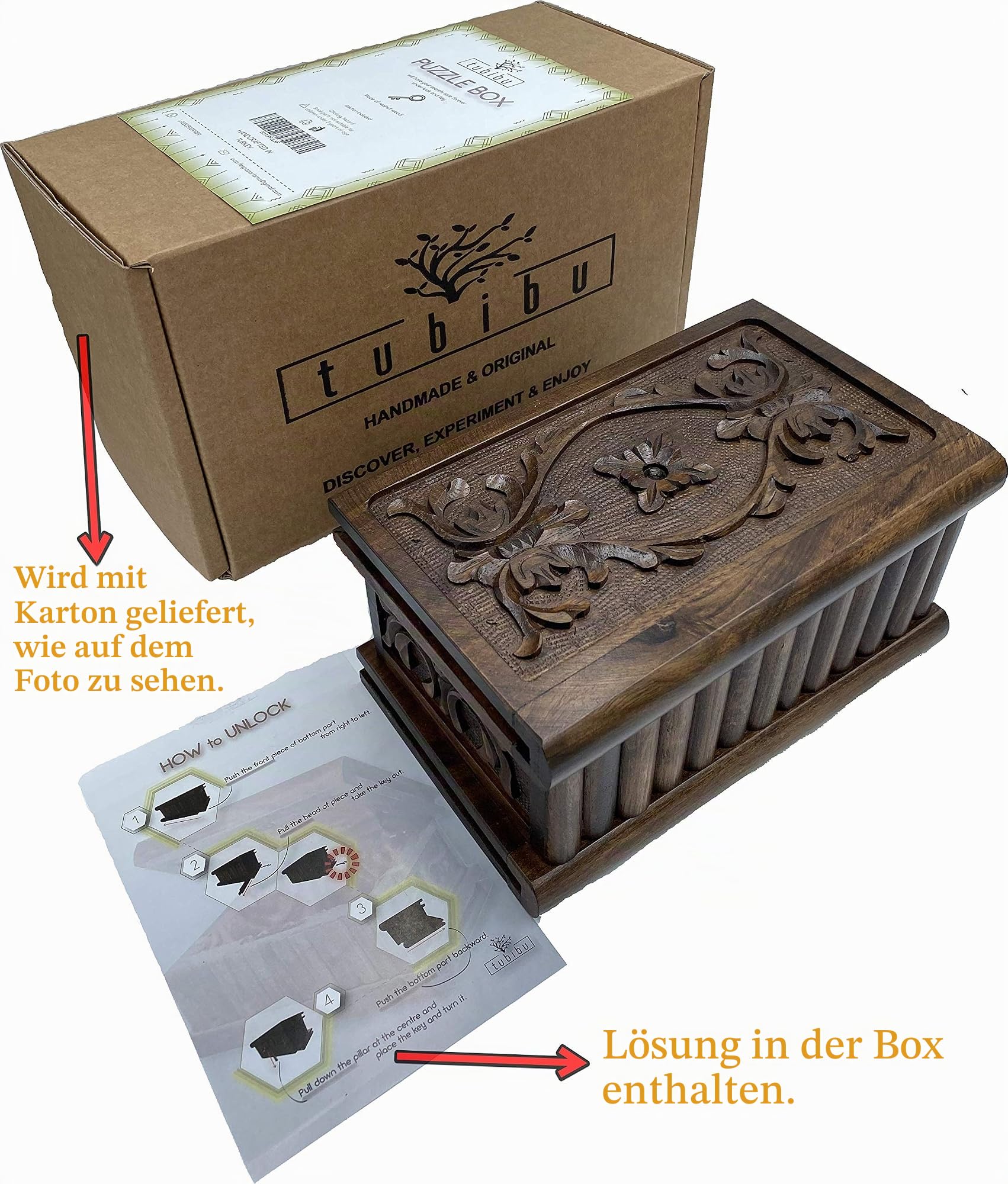 Walnut Treasure Within Puzzle Secret Magic Box, handgefertigt, einzigartige Schmuckschatulle mit verstecktem Schlüssel, 25 x 15 x 12 cm