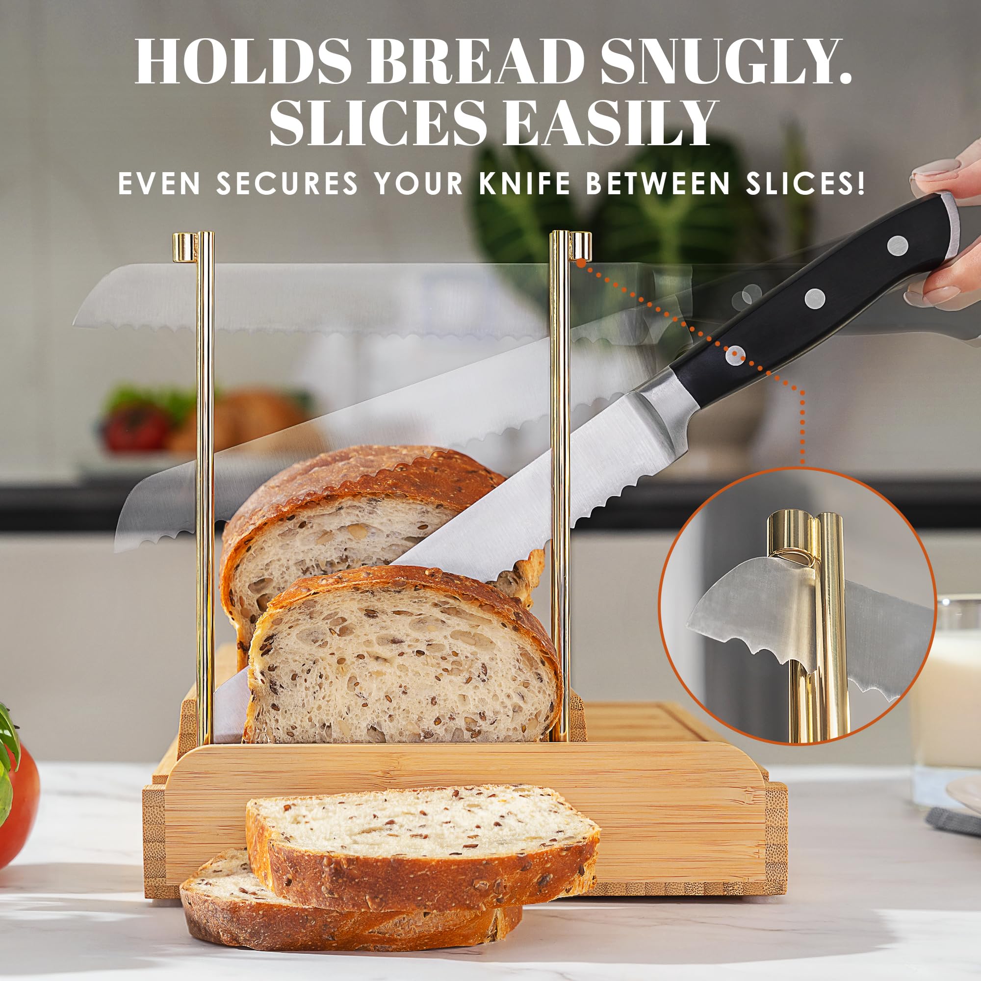 DITTO 2.0 Bambus-Brotschneider für hausgemachtes Brot, 16,5 cm breit, verstellbarer Brotschneider, schneidet gleichmäßige Scheiben, 4 Dickenoptionen, funktioniert mit Brötchen, Bagels – inkl.